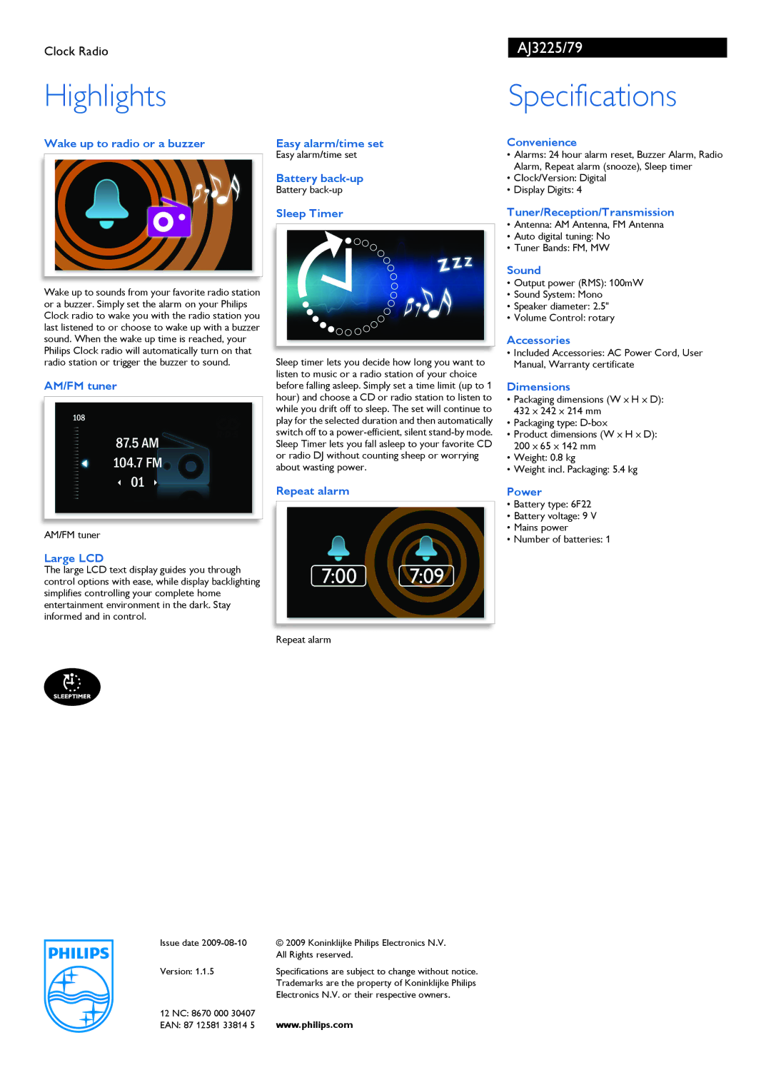 Philips AJ3225/79 Wake up to radio or a buzzer, AM/FM tuner Easy alarm/time set, Battery back-up, Sleep Timer, Convenience 