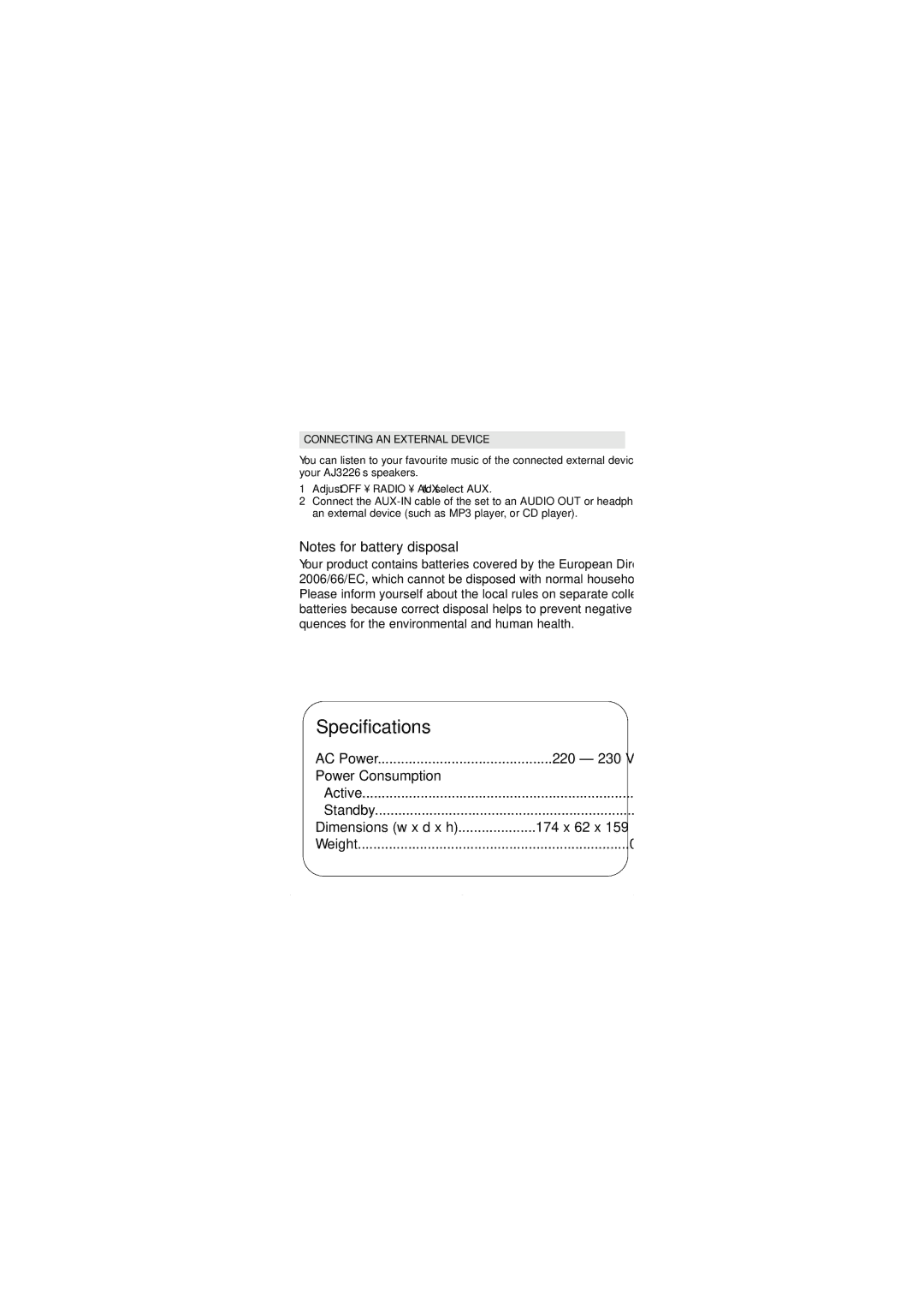 Philips AJ3226 user manual Connecting AN External Device, Dimensions w x d x h 174 x 62 x 159 mm 