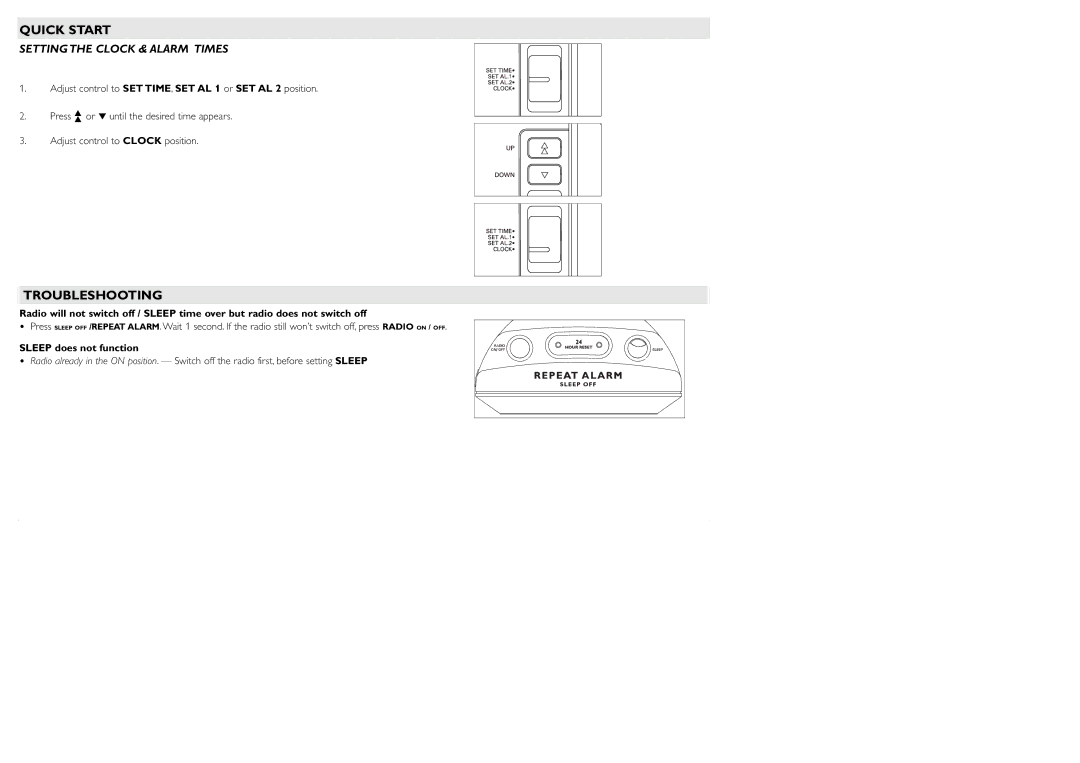 Philips AJ3230/79 quick start Quick Start, Troubleshooting, Setting the Clock & Alarm Times 