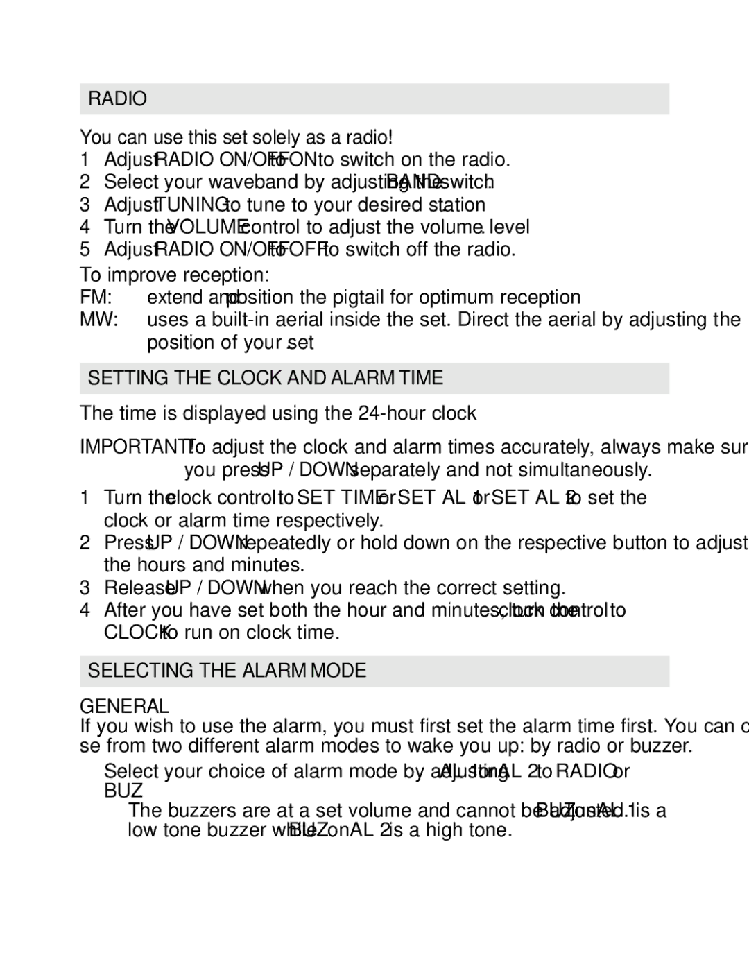 Philips AJ3231/05 Radio, To improve reception, Setting the Clock and Alarm Time, Selecting the Alarm Mode General 