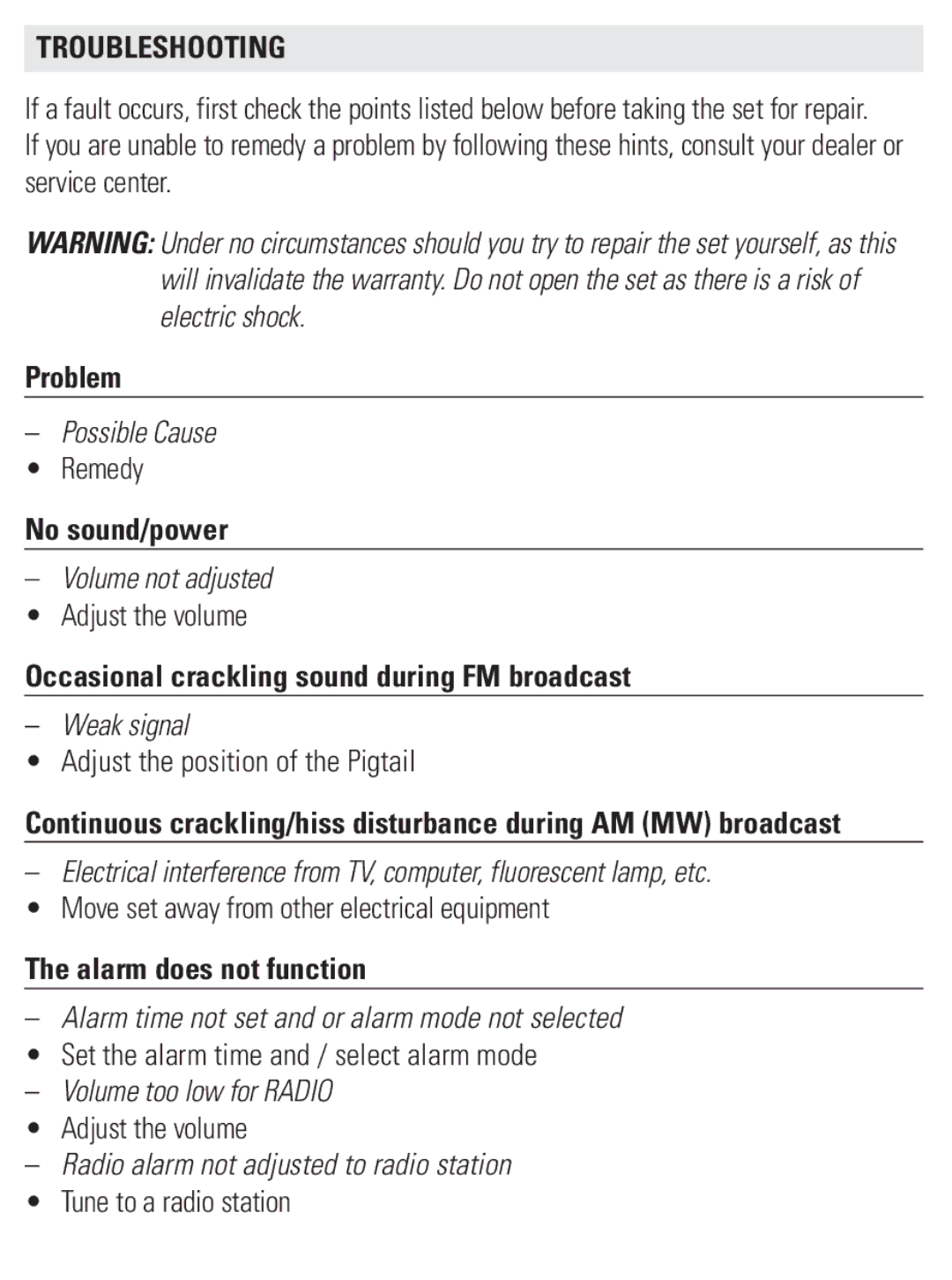 Philips AJ3231/37 user manual Troubleshooting, Problem, No sound/power, Occasional crackling sound during FM broadcast 