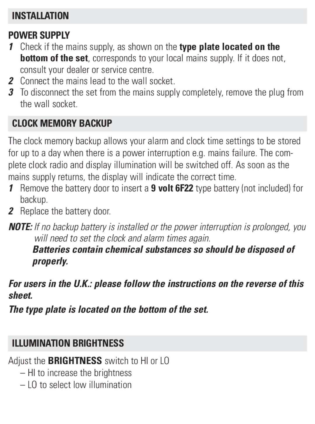 Philips AJ3231/37 user manual Installation Power Supply, Clock Memory Backup, Illumination Brightness 