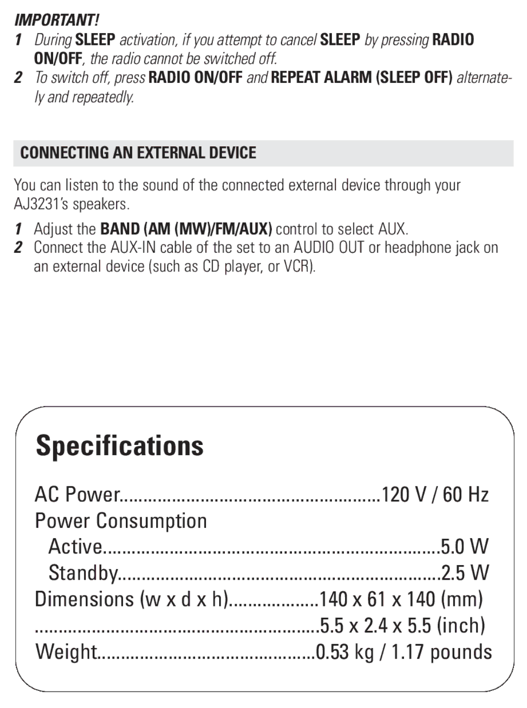 Philips AJ3231/37 user manual Connecting AN External Device, Dimensions w x d x h 140 x 61 x 140 mm X 2.4 x 5.5 inch 