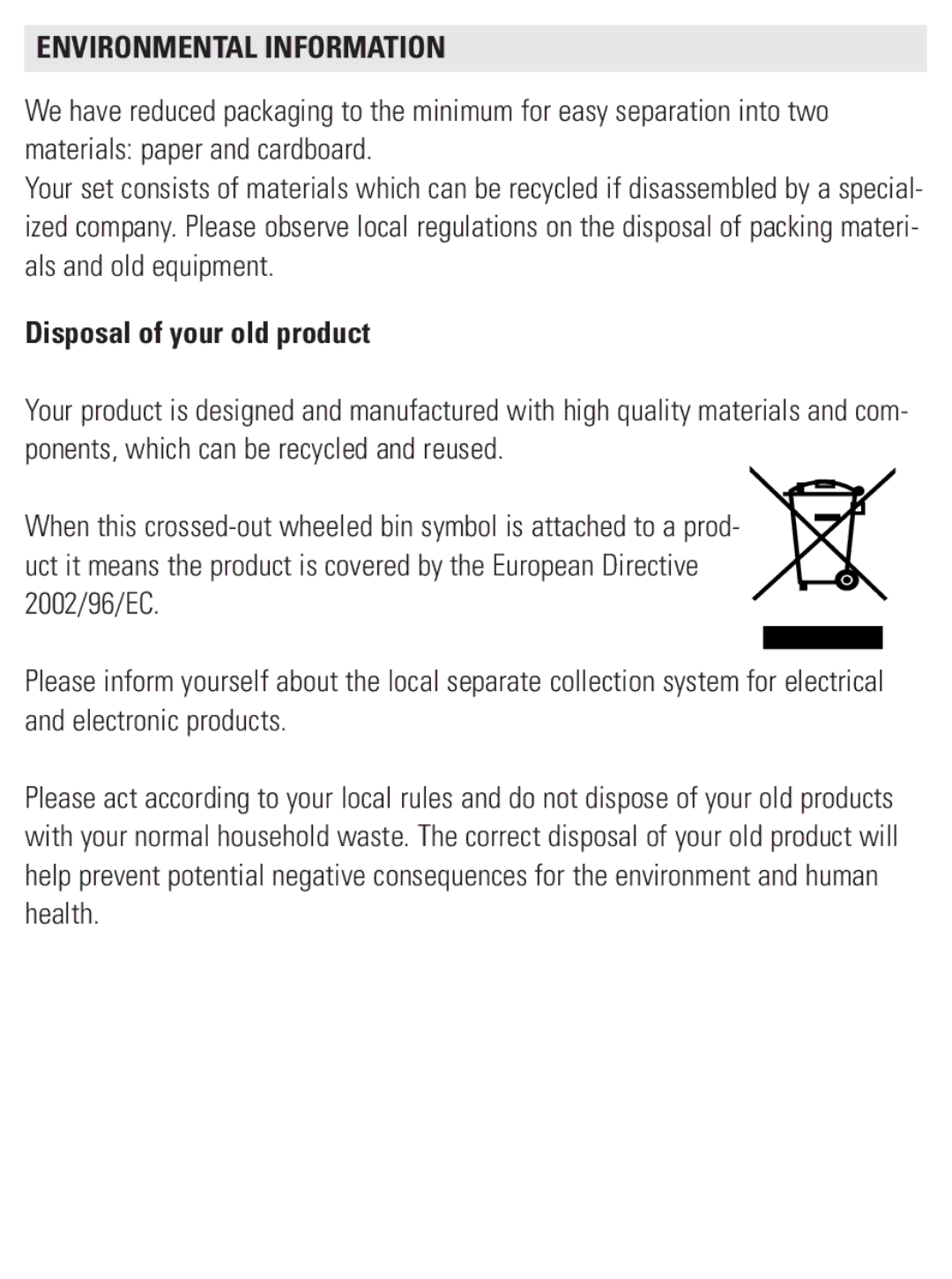 Philips AJ3231/37 user manual Environmental Information, Disposal of your old product 