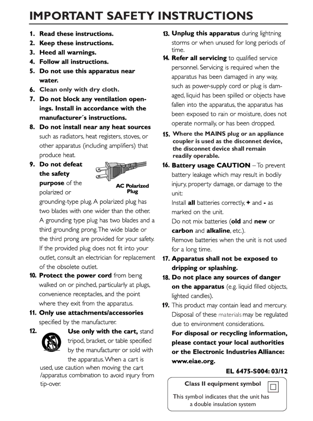 Philips AJ3231/37 user manual Important Safety Instructions 