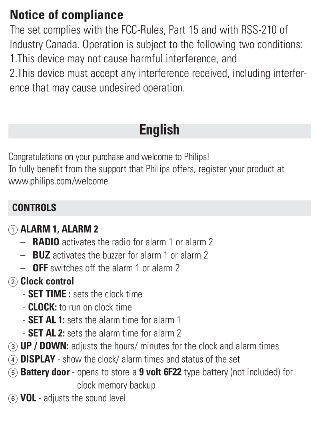 Philips AJ3231/37 Congratulations on your purchase and welcome to Philips, Controls Alarm 1, Alarm, Clock control 