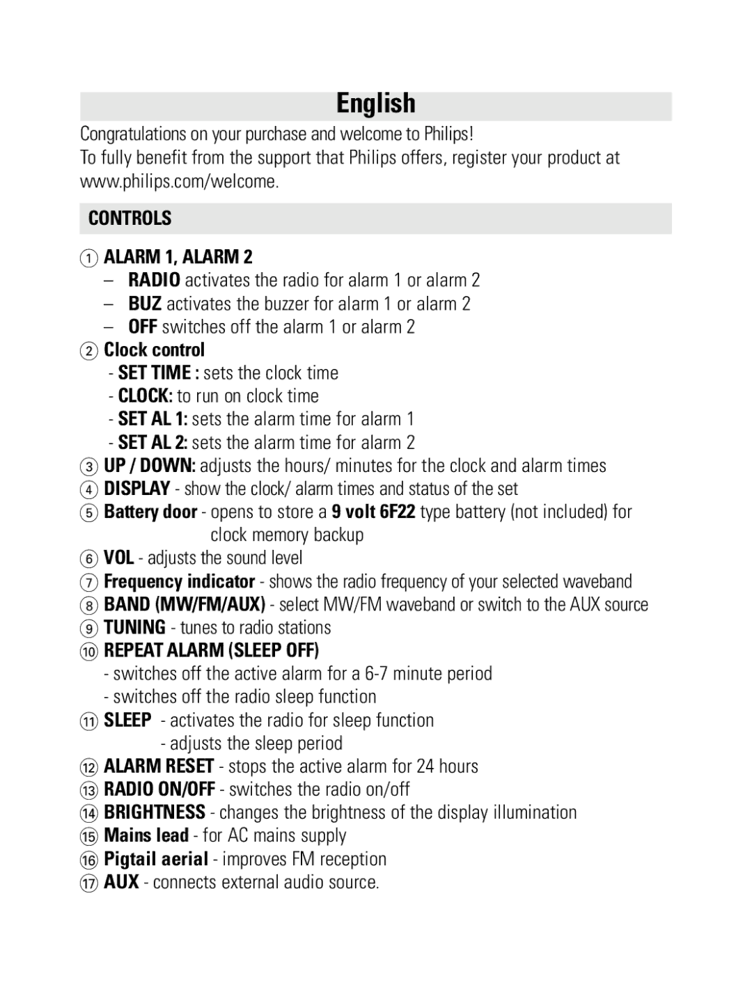 Philips AJ3231/79 Congratulations on your purchase and welcome to Philips, Controls Alarm 1, Alarm, Clock control 