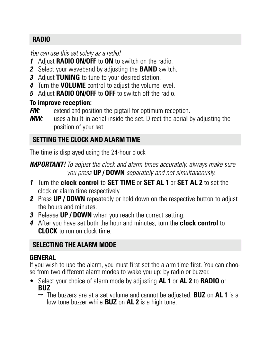 Philips AJ3231/79 Radio, To improve reception, Setting the Clock and Alarm Time, Selecting the Alarm Mode General 
