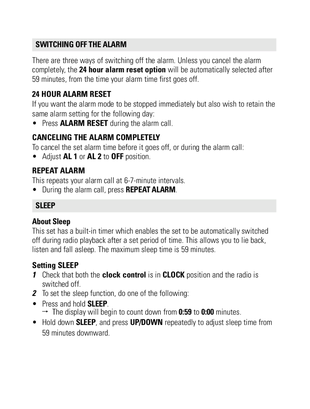 Philips AJ3231/79 Switching OFF the Alarm, Hour Alarm Reset, Canceling the Alarm Completely, Repeat Alarm, Sleep 