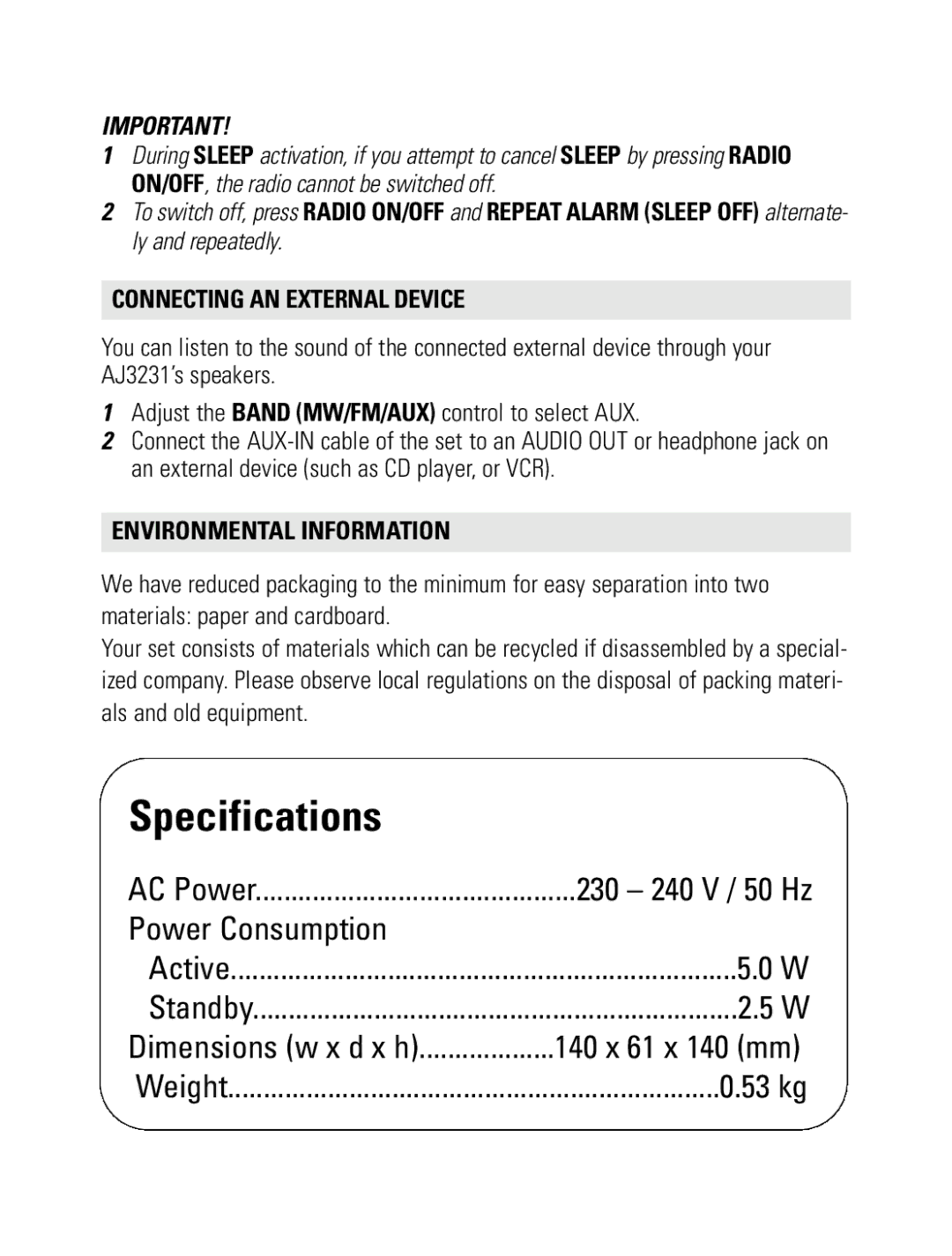 Philips AJ3231/79 Connecting AN External Device, Environmental Information, Dimensions w x d x h 140 x 61 x 140 mm 