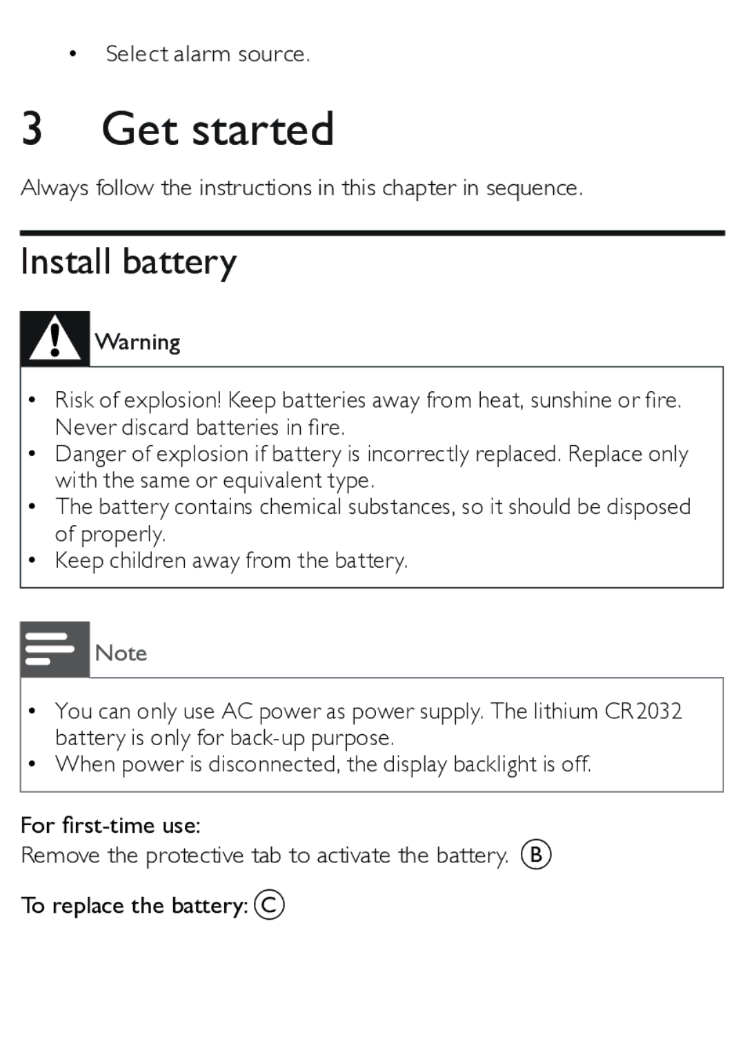 Philips AJ3270D user manual Get started, Install battery 