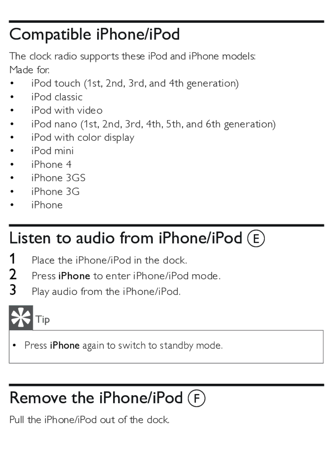 Philips AJ3270D user manual Compatible iPhone/iPod, Listen to audio from iPhone/iPod E, Remove the iPhone/iPod F 