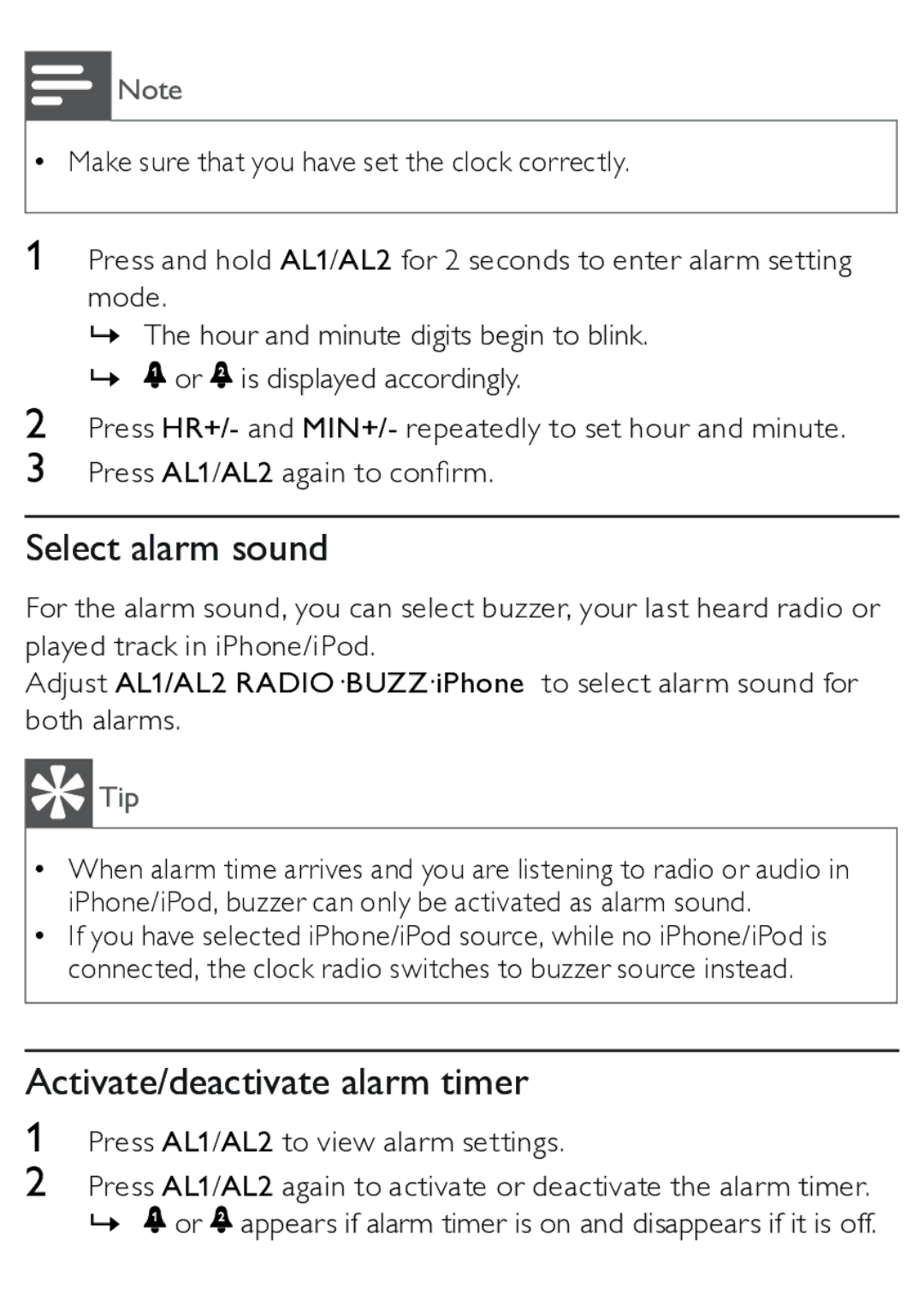 Philips AJ3270D user manual Select alarm sound, Activate/deactivate alarm timer 