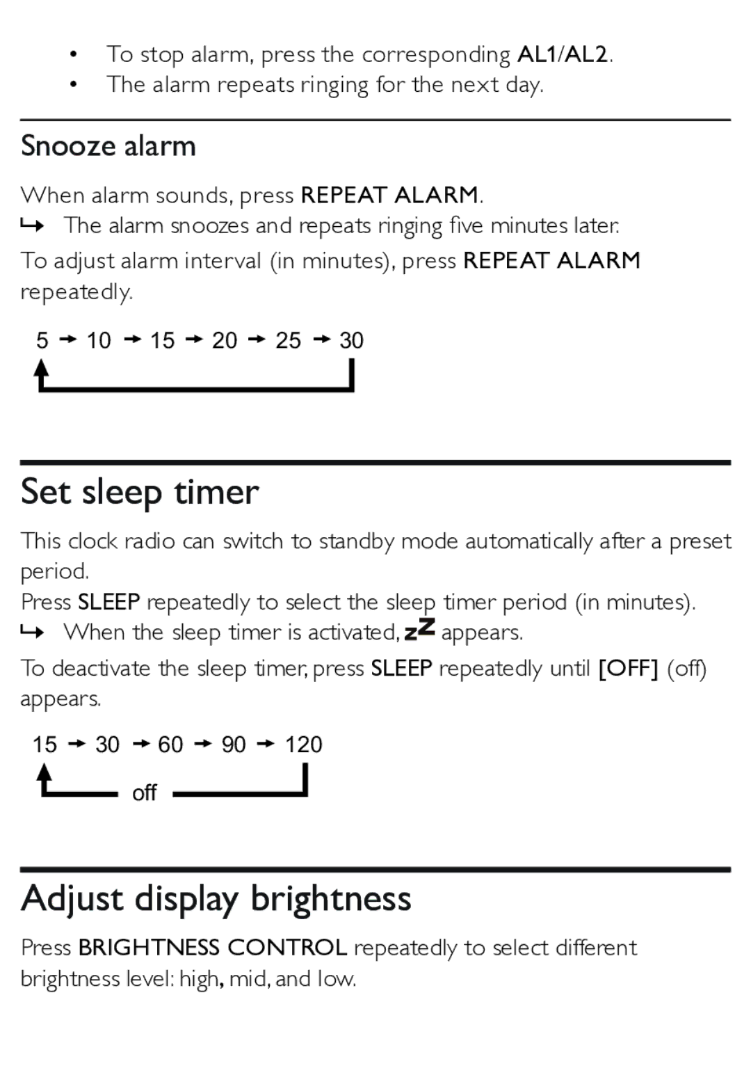 Philips AJ3270D user manual Set sleep timer, Adjust display brightness, Snooze alarm 