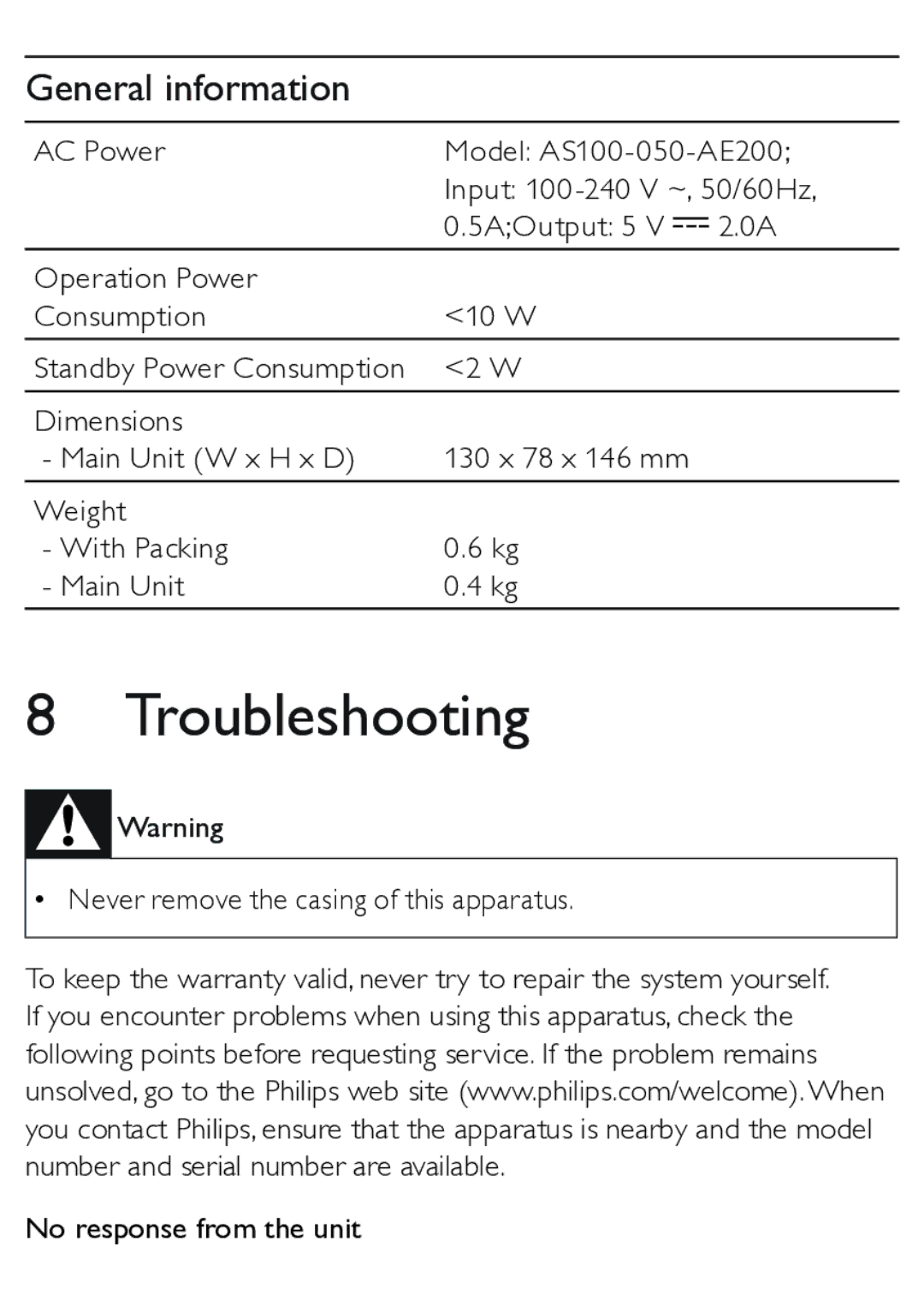 Philips AJ3270D user manual Troubleshooting, General information 