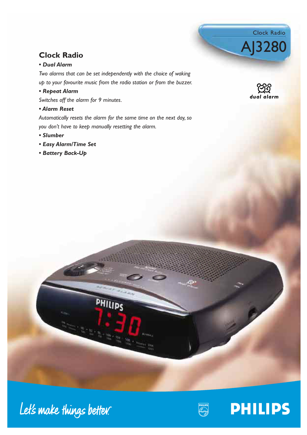 Philips AJ3280 manual Dual Alarm, Repeat Alarm, Alarm Reset, Slumber Easy Alarm/Time Set Battery Back-Up 