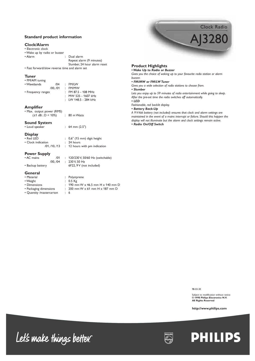 Philips AJ3280 Standard product information Clock/Alarm, Tuner, Amplifier, Sound System, Display, Power Supply, General 