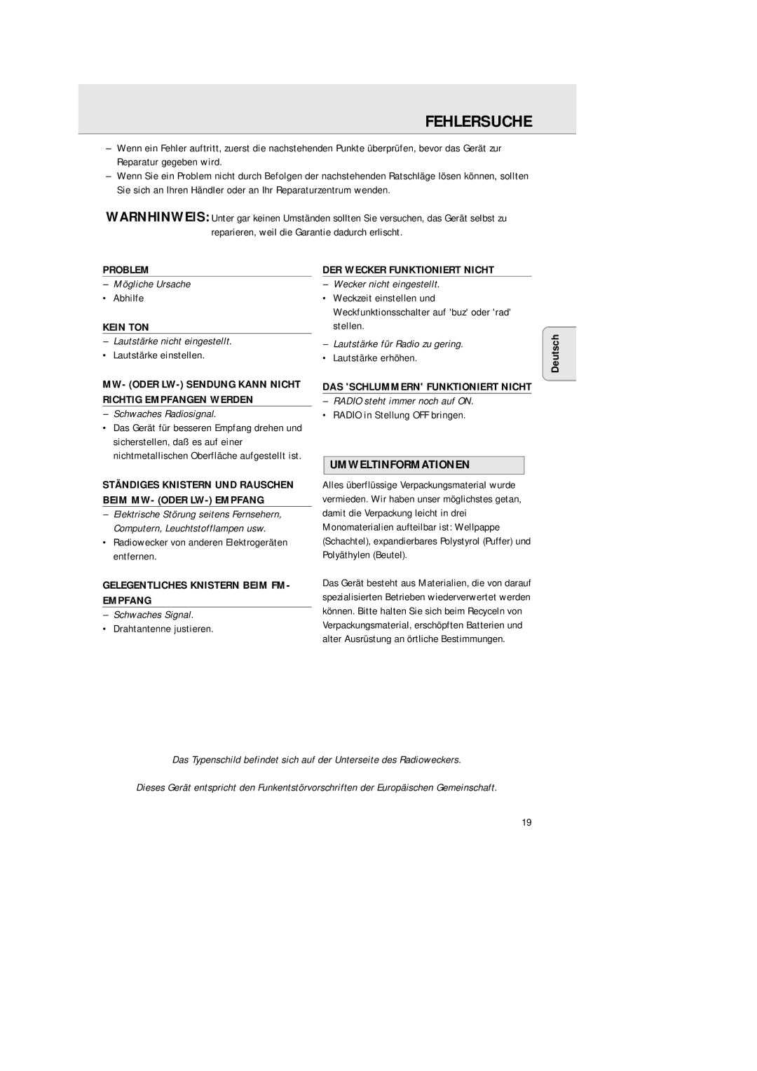 Philips AJ3290/04 manual Fehlersuche, Umweltinformationen 