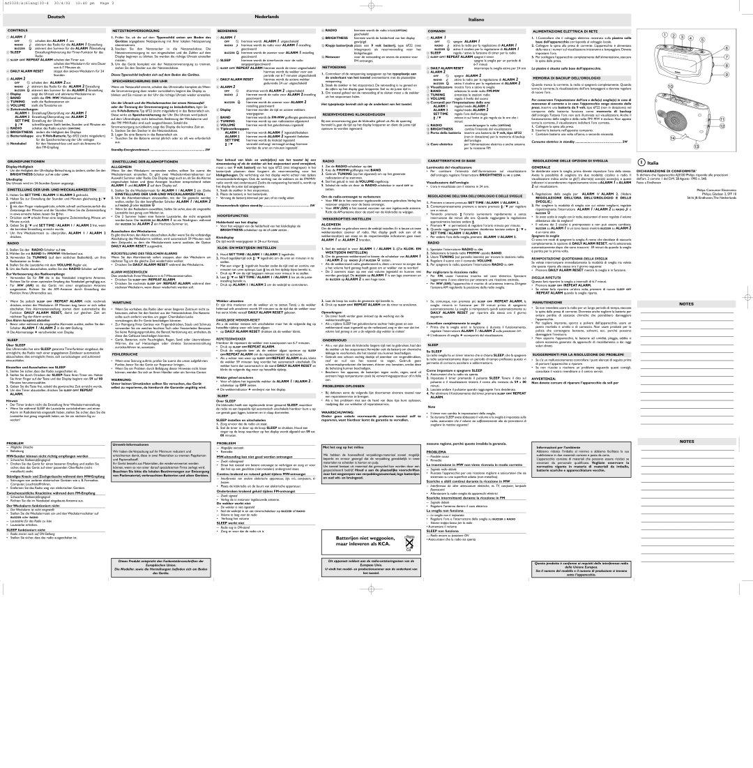 Philips AJ3320/00 manual Netzstromversorgung, Speichersicherung DER UHR, Einstellung DER Alarmoptionen Allgemein, Wartung 