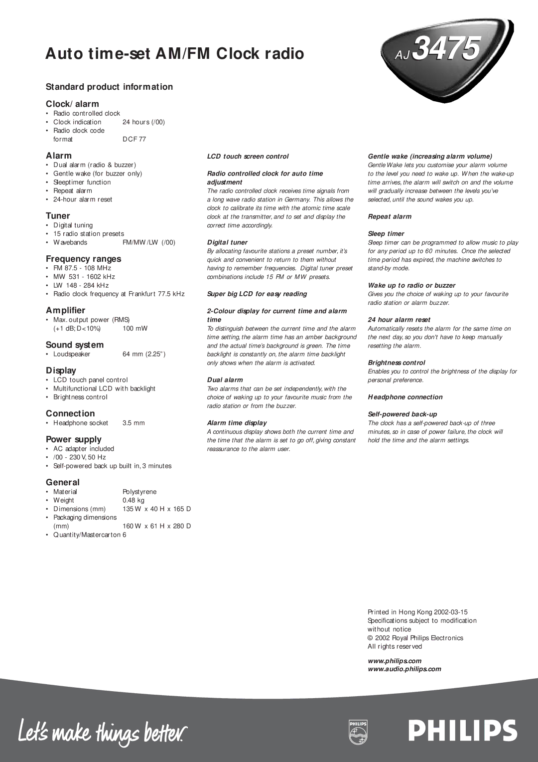 Philips AJ3475/00 manual Standard product information Clock/ alarm, Alarm, Tuner, Frequency ranges, Amplifier, Sound system 