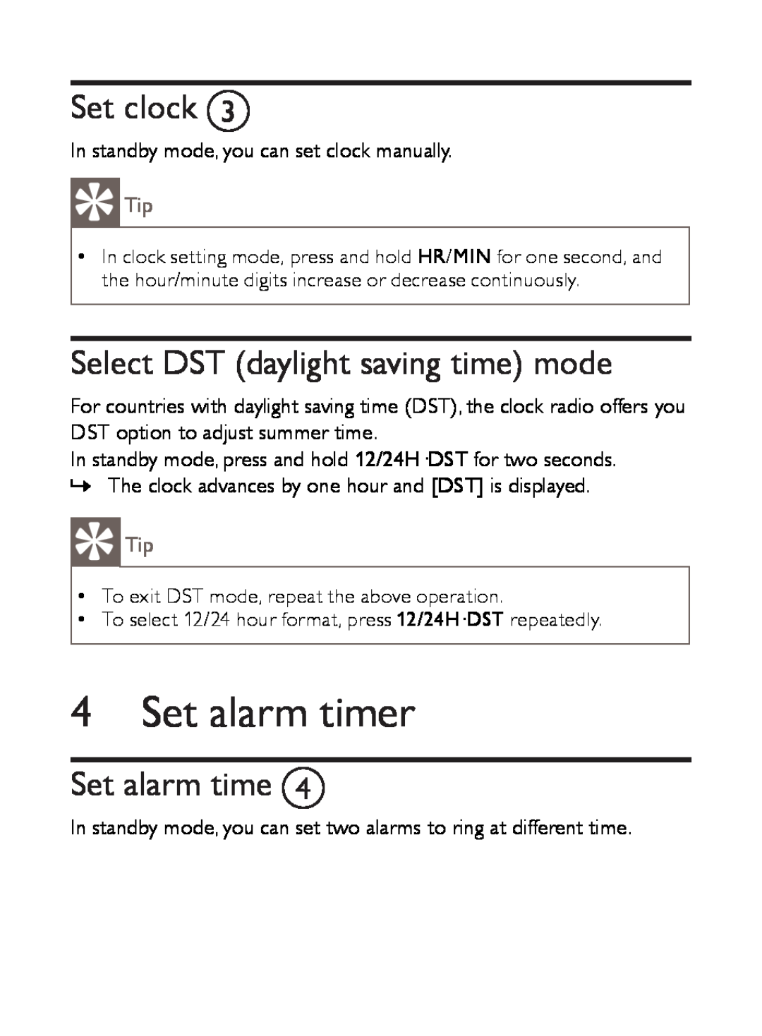 Philips AJ3500 user manual Set alarm timer, Set clock C, Select DST daylight saving time mode, Set alarm time D 