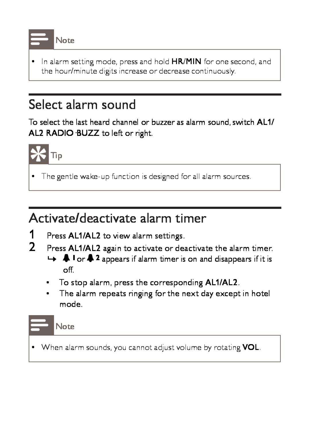 Philips AJ3500 user manual Select alarm sound, Activate/deactivate alarm timer 