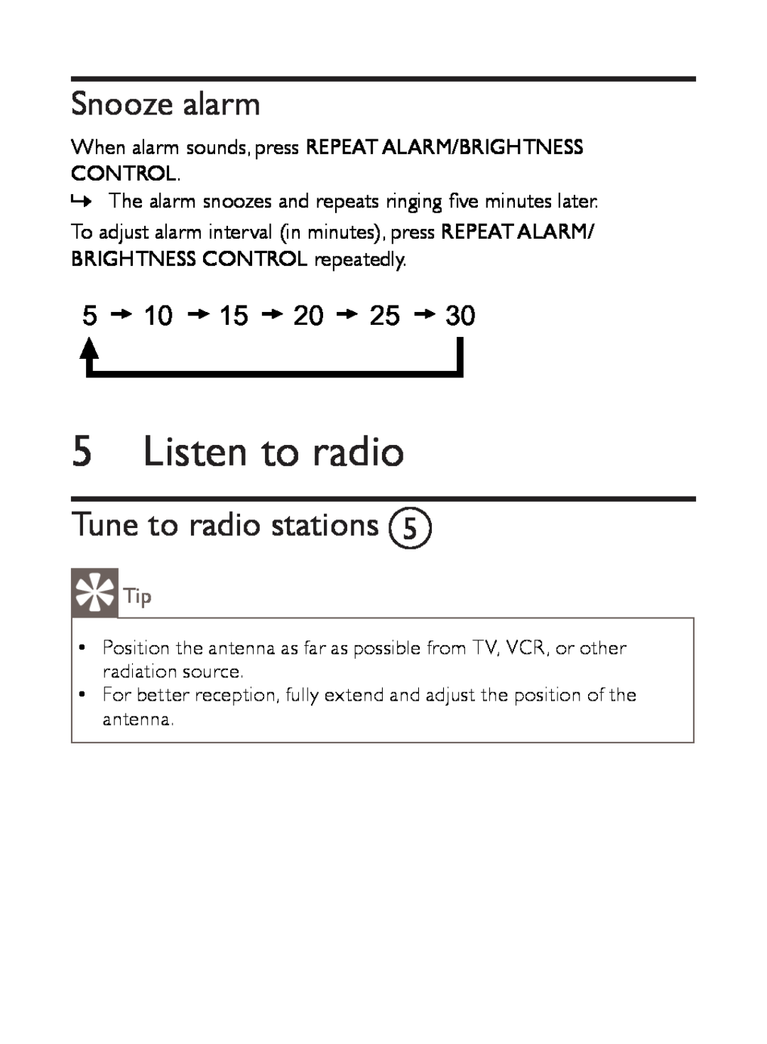 Philips AJ3500 user manual Listen to radio, Snooze alarm, Tune to radio stations E, 5 10 15 