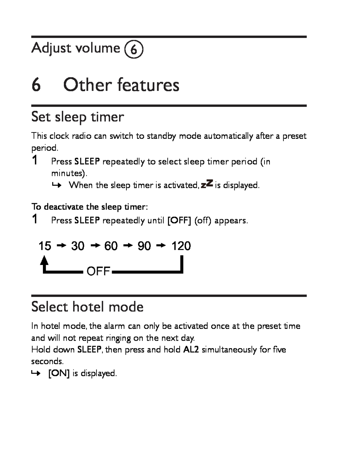 Philips AJ3500 user manual Other features, Adjust volume F, Set sleep timer, Select hotel mode, 15 30 60 90 120 OFF 