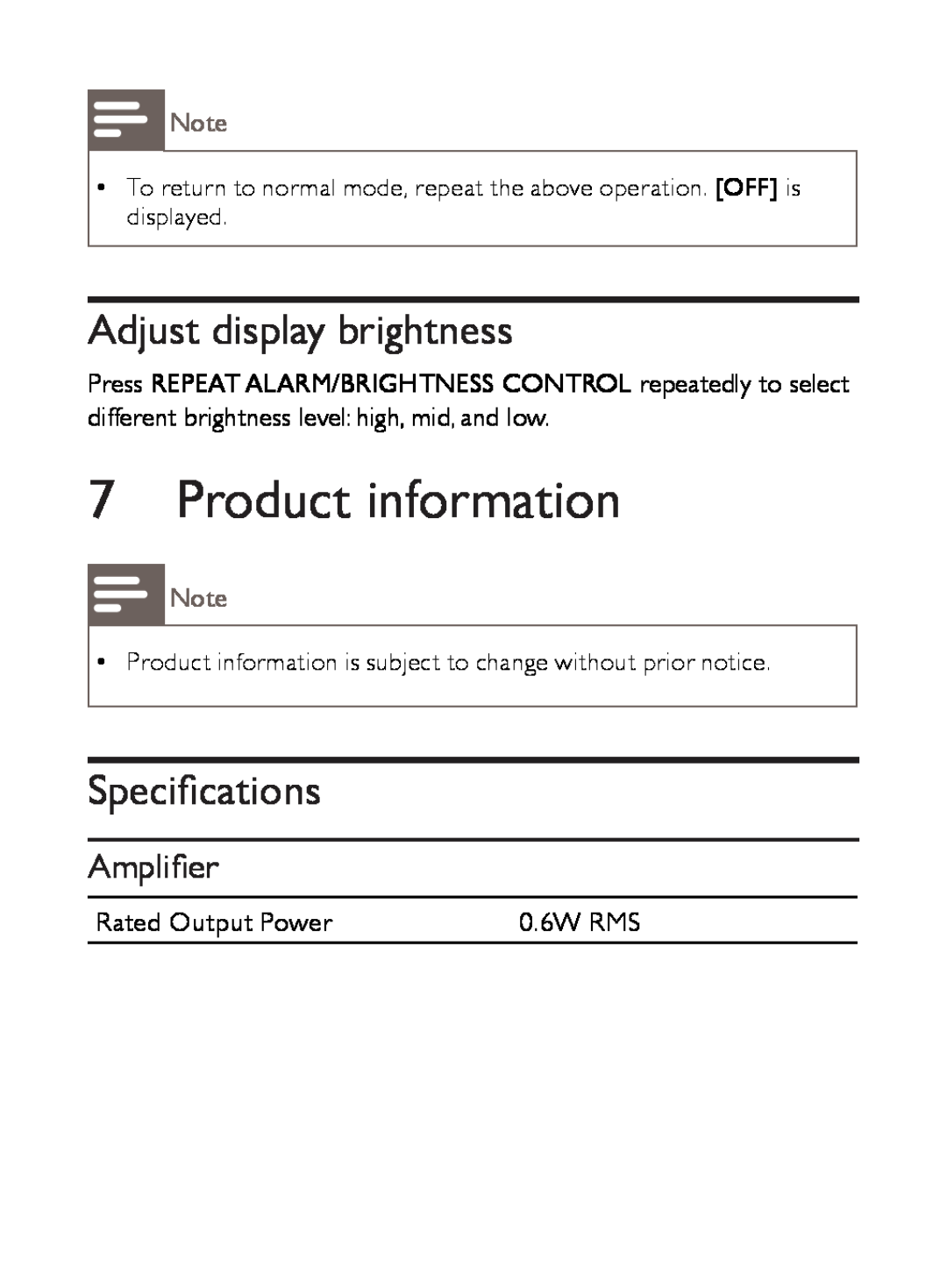 Philips AJ3500 user manual Product information, Adjust display brightness, Specifications, Amplifier 