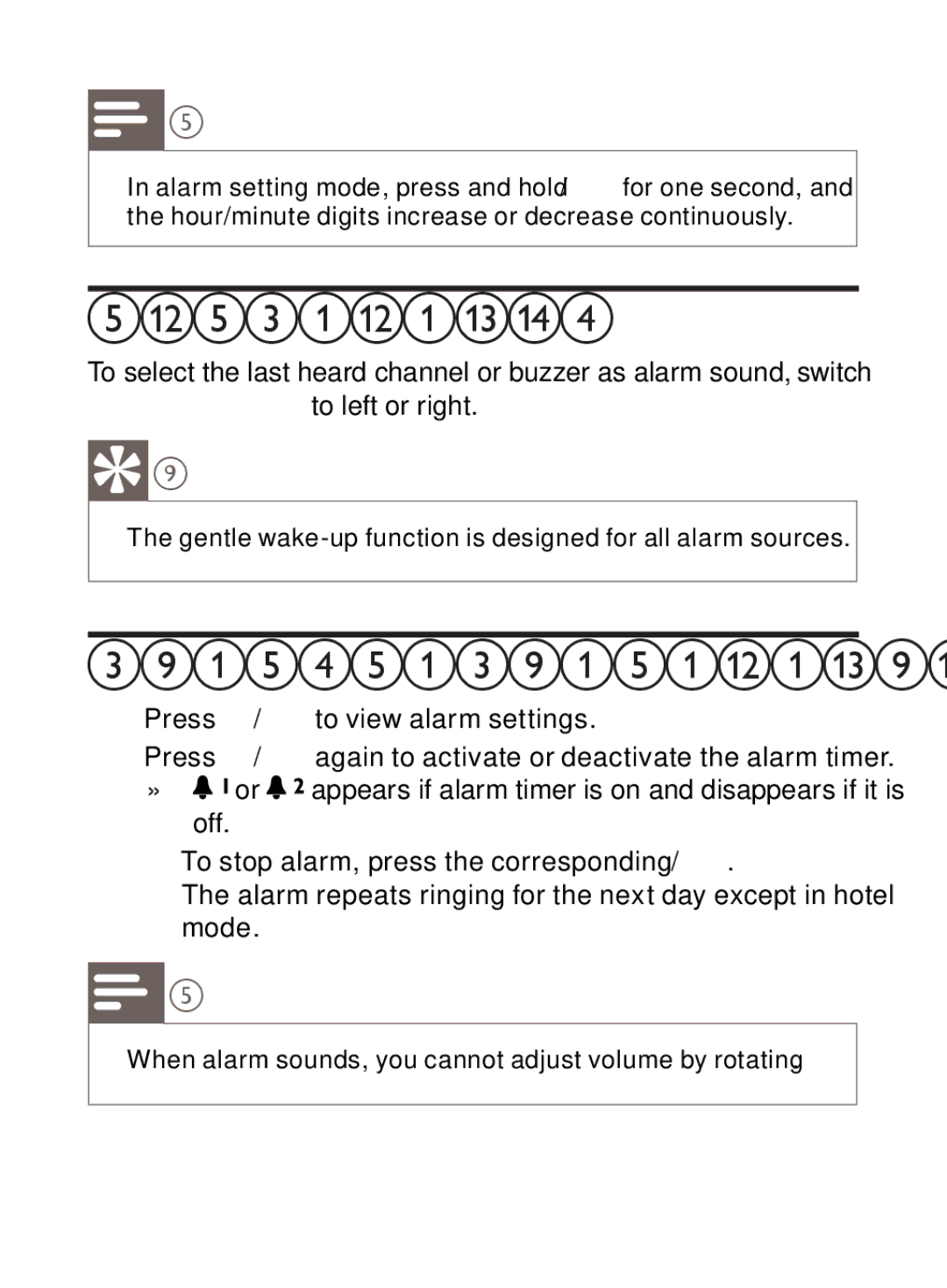 Philips AJ3500 user manual Select alarm sound, Activate/deactivate alarm timer 