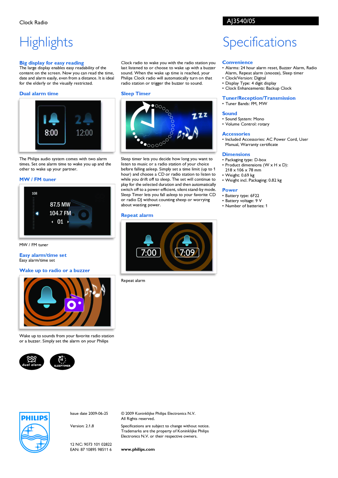 Philips AJ3540/05 Big display for easy reading, Dual alarm time, MW / FM tuner, Easy alarm/time set, Sleep Timer, Sound 