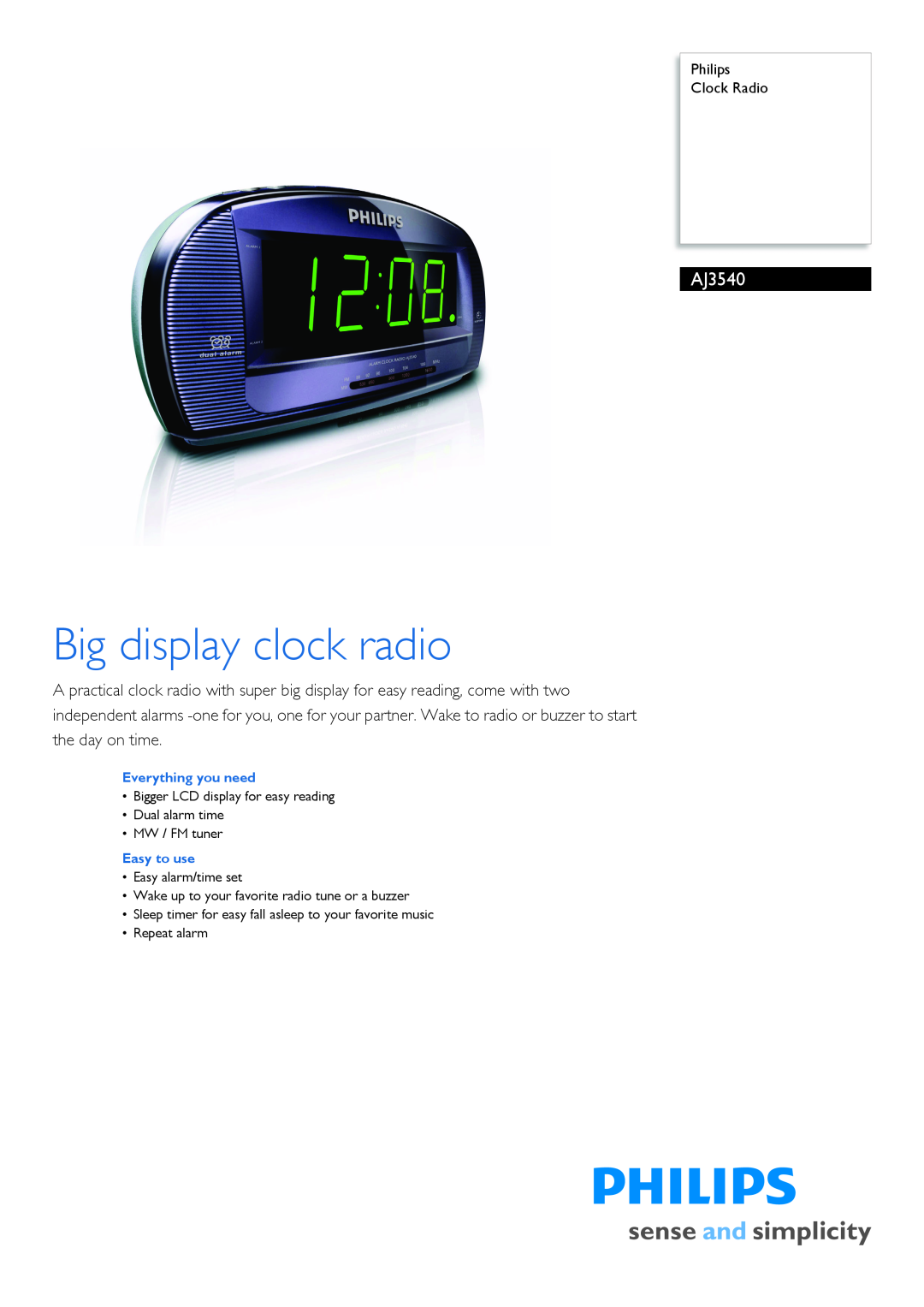 Philips AJ3540/05 manual Big display clock radio, Philips Clock Radio 