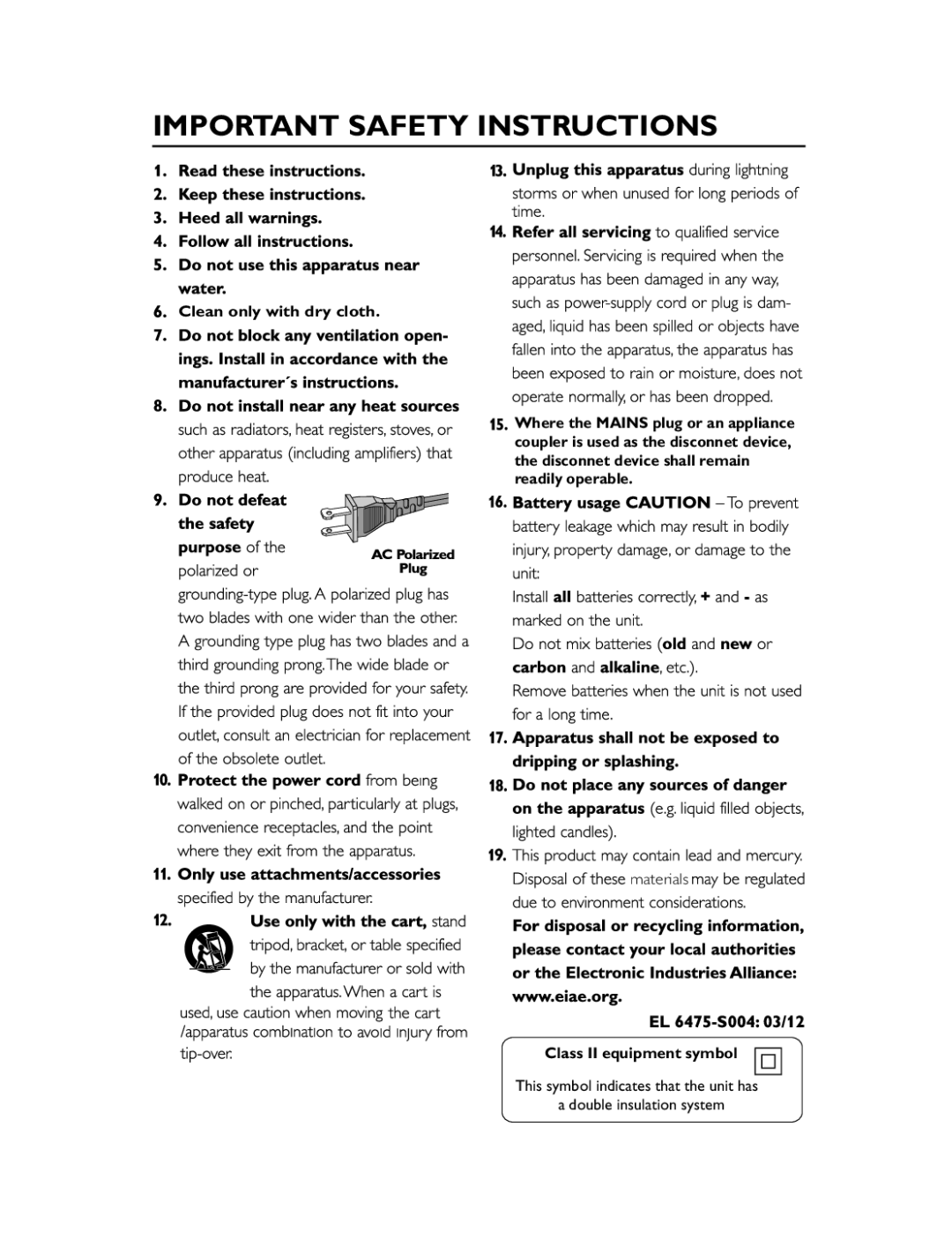 Philips AJ3540/37B manual Important Safety Instructions 