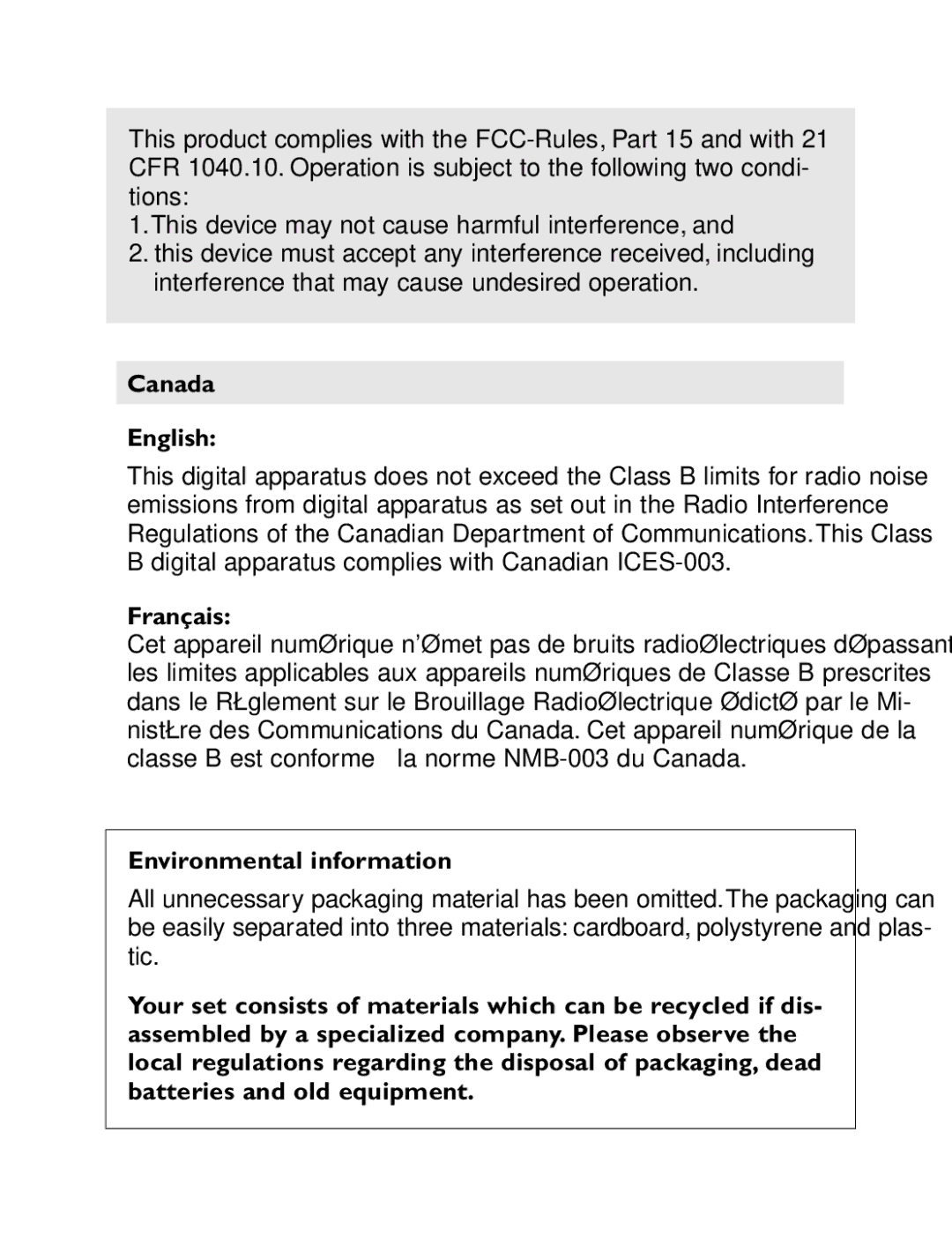 Philips AJ3540/37B manual Canada English, Français, Environmental information 