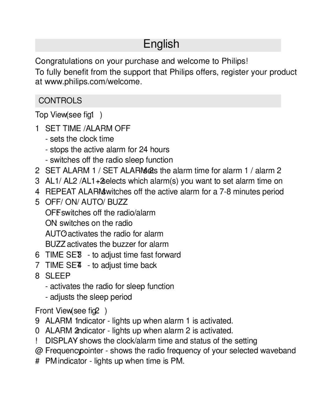 Philips AJ3540/37B manual Congratulations on your purchase and welcome to Philips, Controls, SET Time /ALARM OFF, Sleep 