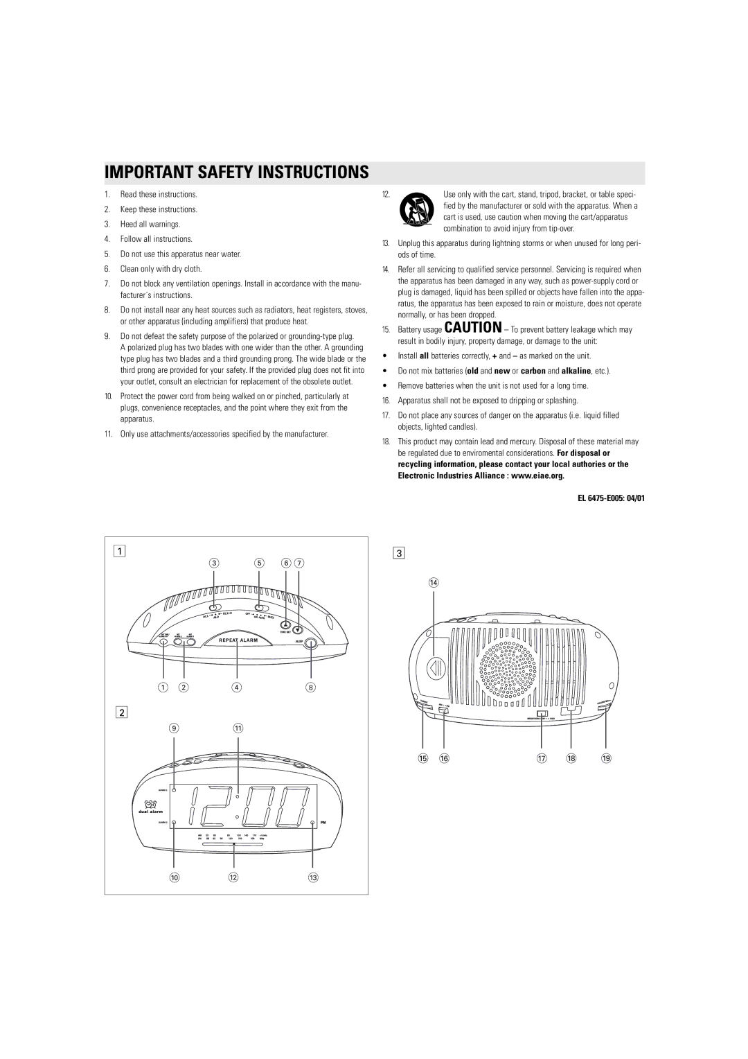 Philips AJ3540s user service Important Safety Instructions, EL 6475-E005 04/01 