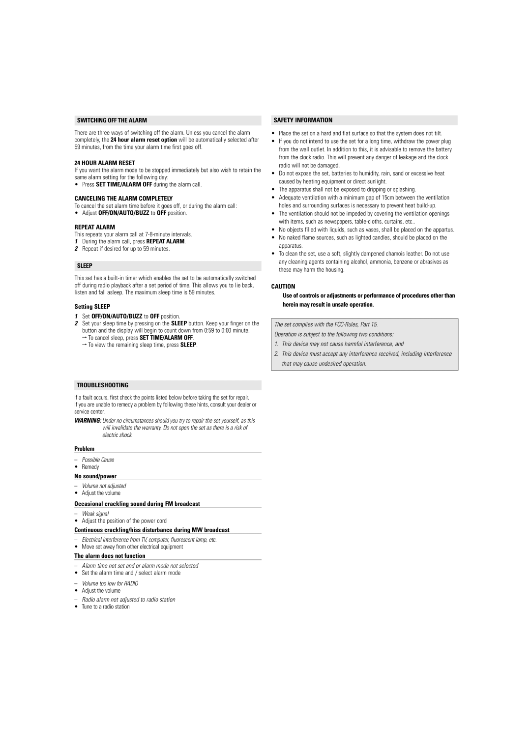 Philips AJ3540s Switching OFF the Alarm, Hour Alarm Reset, Canceling the Alarm Completely, Repeat Alarm, Troubleshooting 