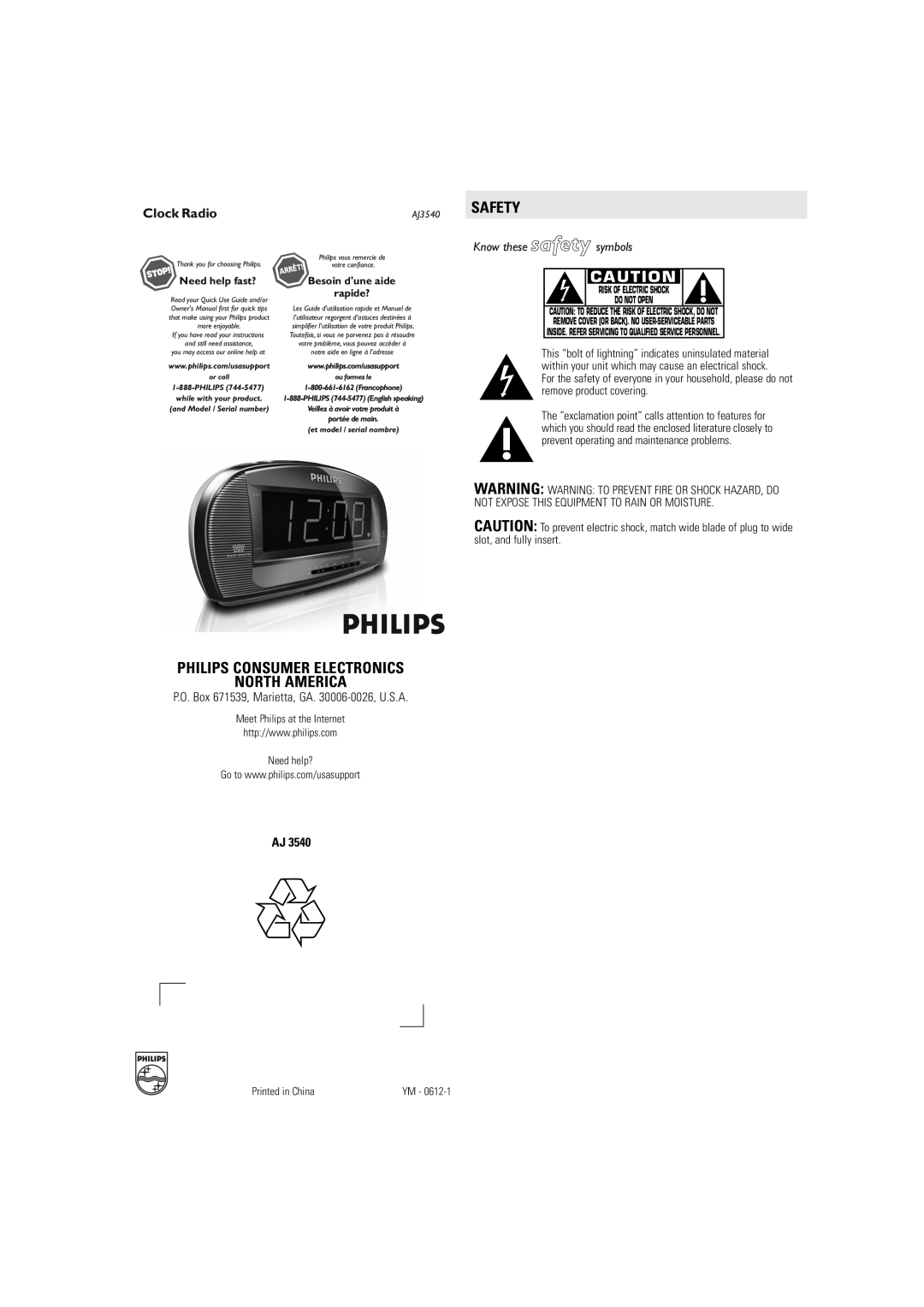 Philips AJ3540s user service Safety, Philips Consumer Electronics North America, Clock Radio, Know these safety symbols 