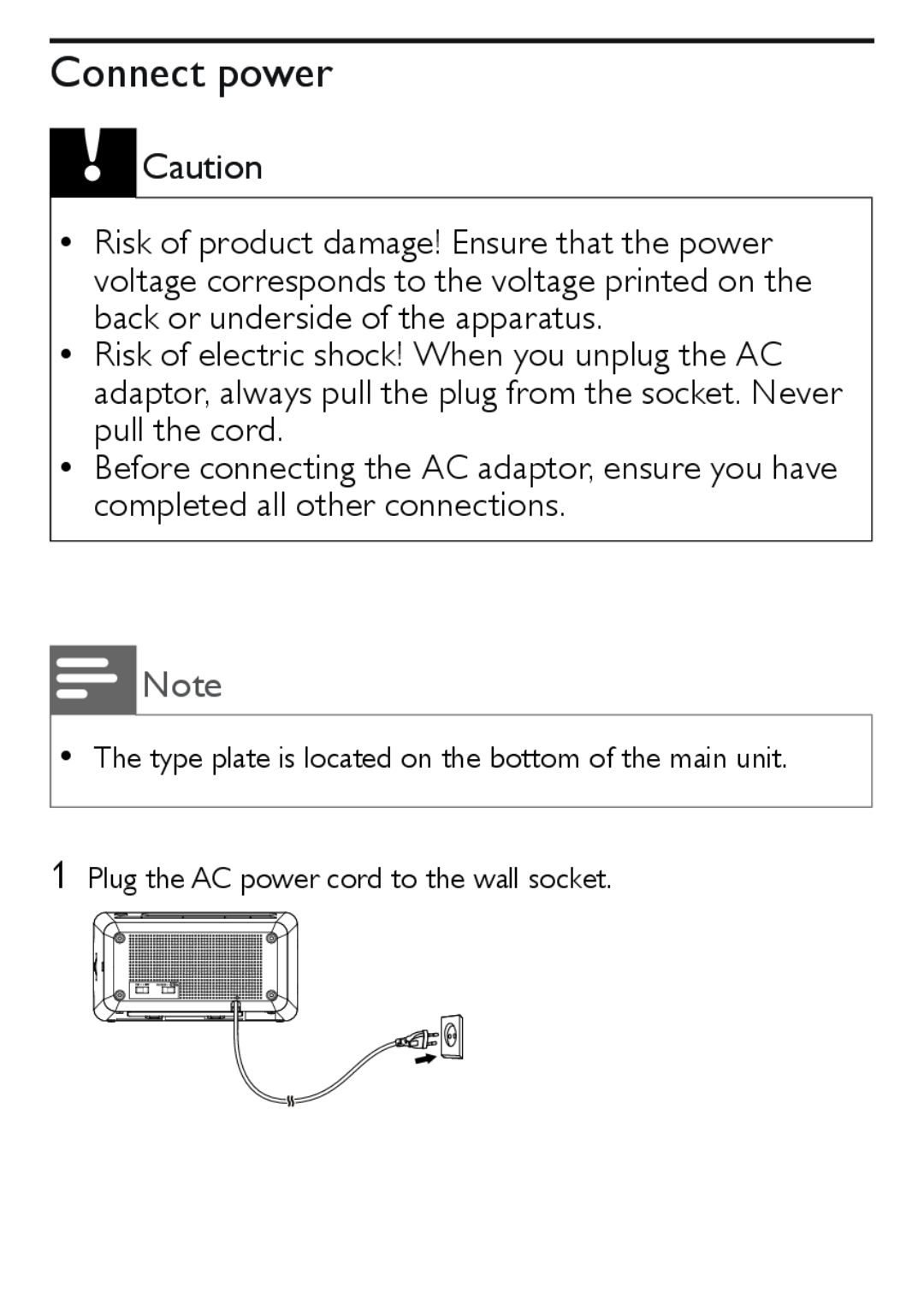 Philips AJ3551 user manual Connect power, The type plate is located on the bottom of the main unit 