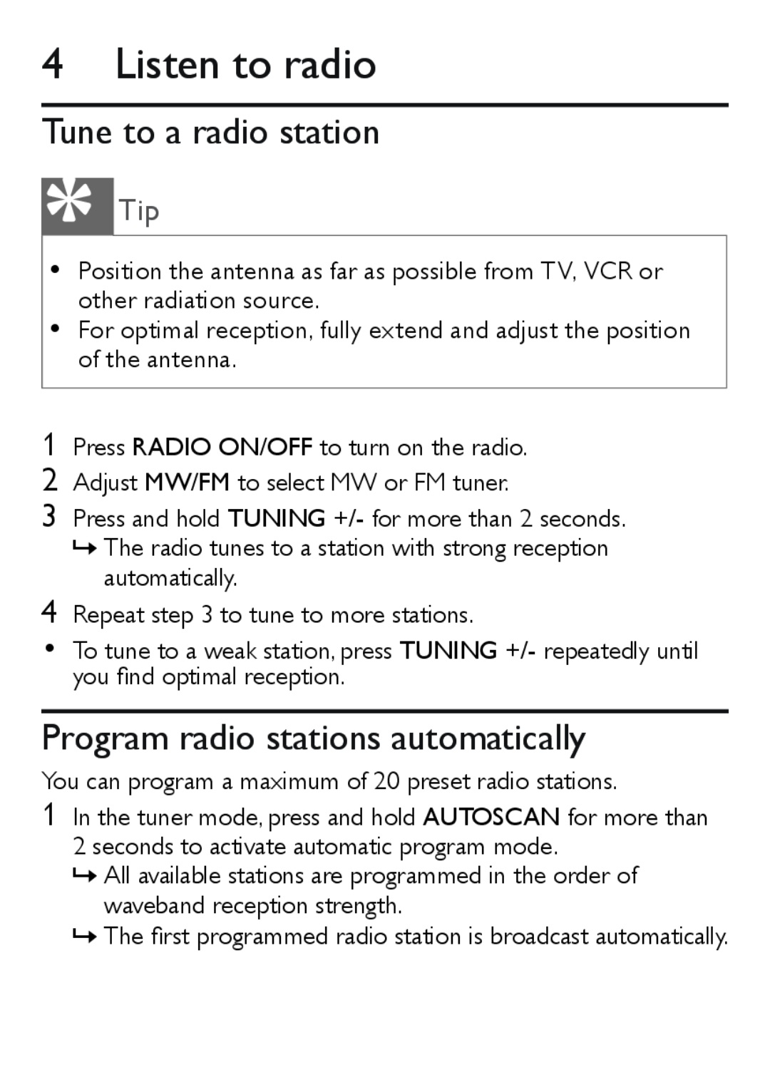 Philips AJ3551 user manual Listen to radio, Tune to a radio station, Program radio stations automatically 