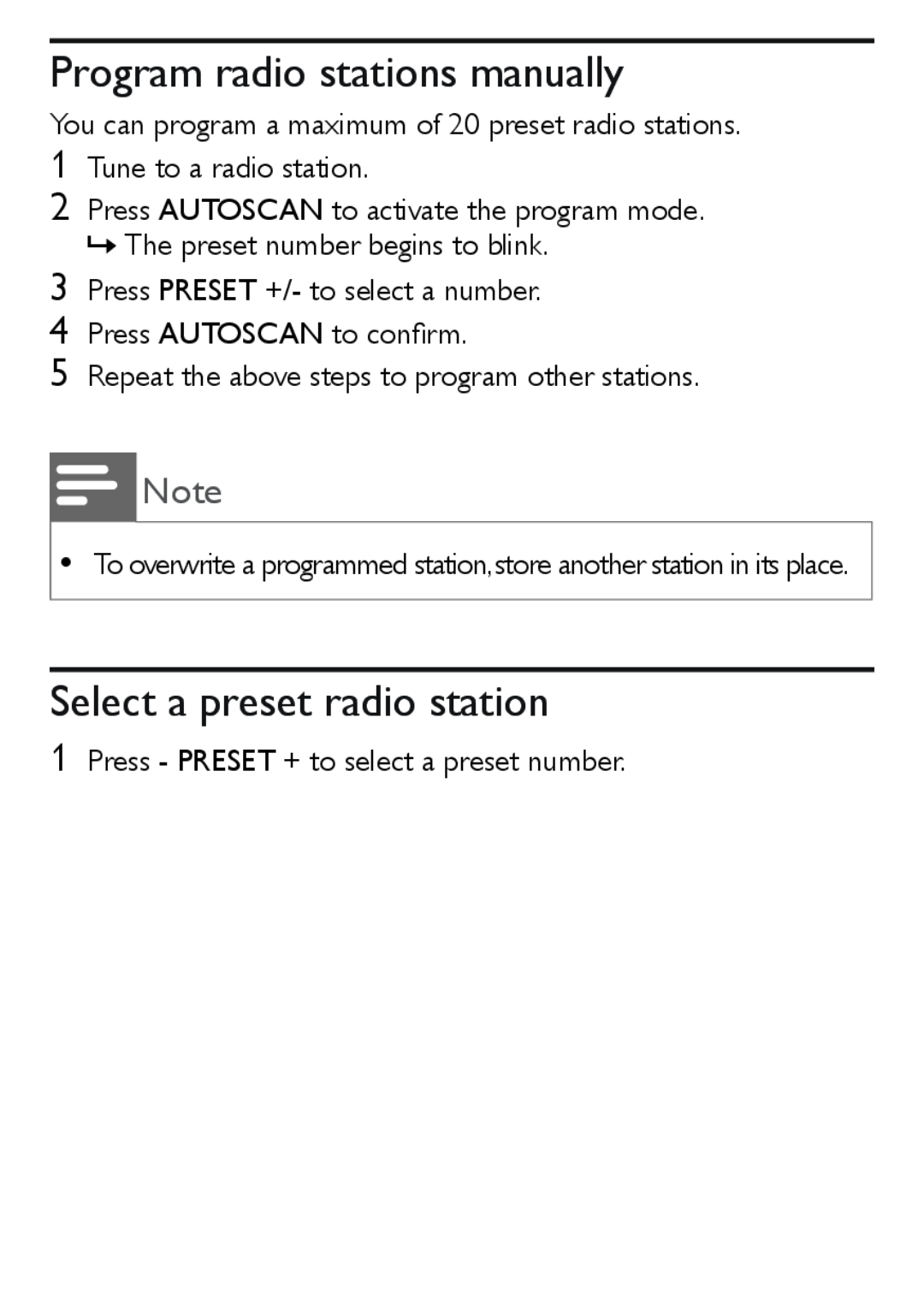Philips AJ3551 user manual Program radio stations manually, Select a preset radio station 