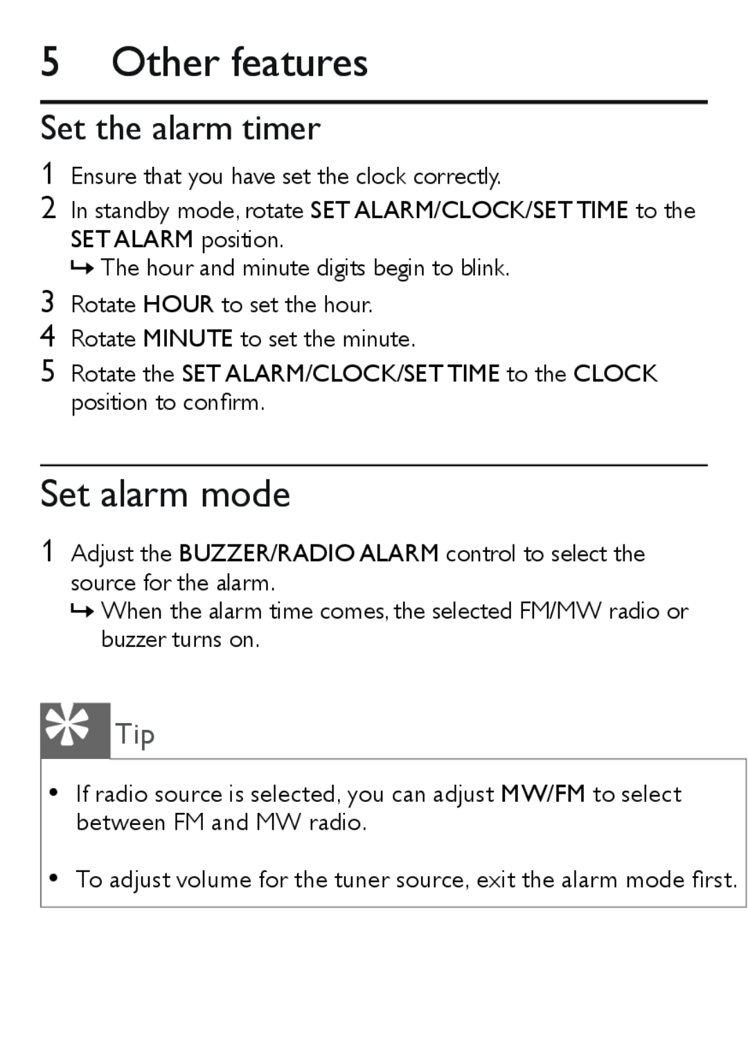 Philips AJ3551 user manual Other features, Set alarm mode, Set the alarm timer 
