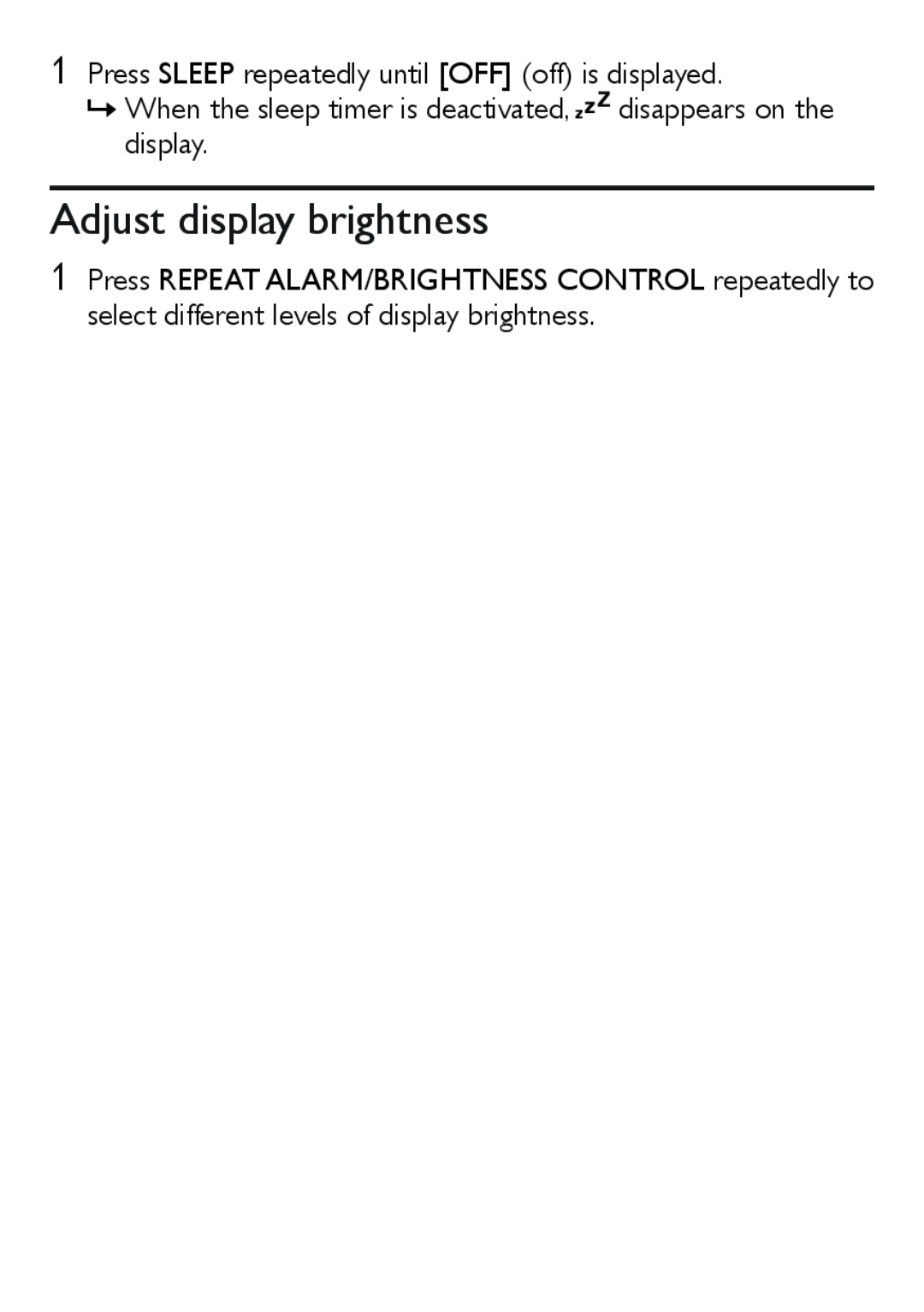 Philips AJ3551 user manual Adjust display brightness, Press SLEEP repeatedly until OFF off is displayed 