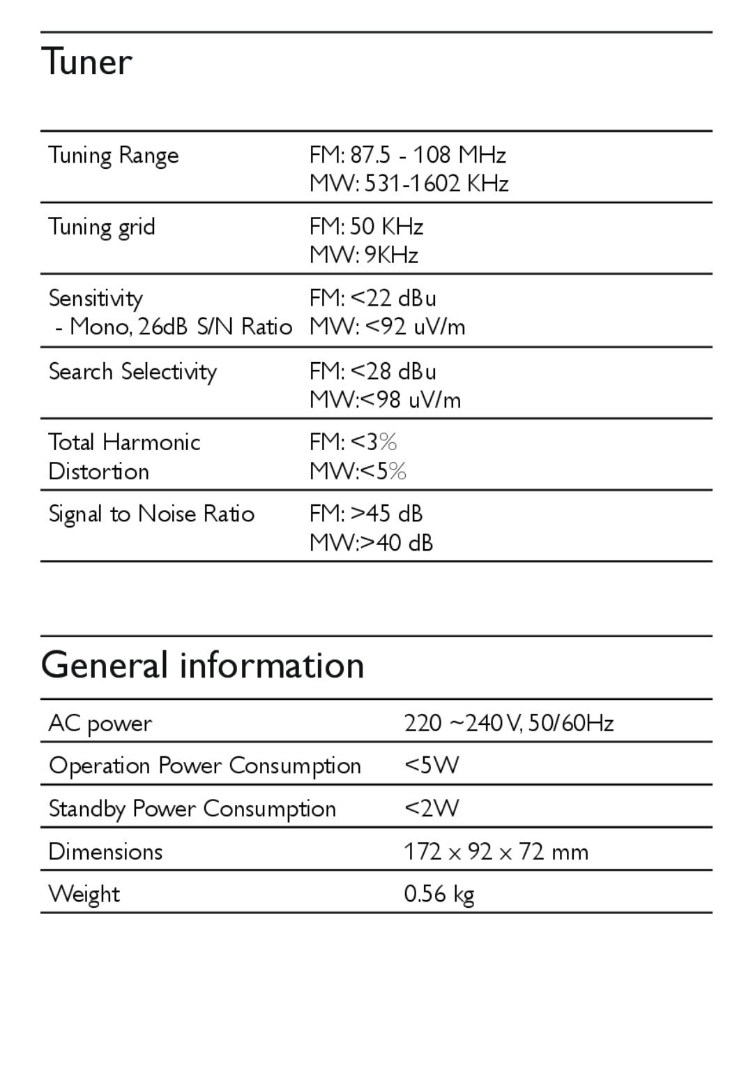 Philips AJ3551 user manual Tuner, General information 