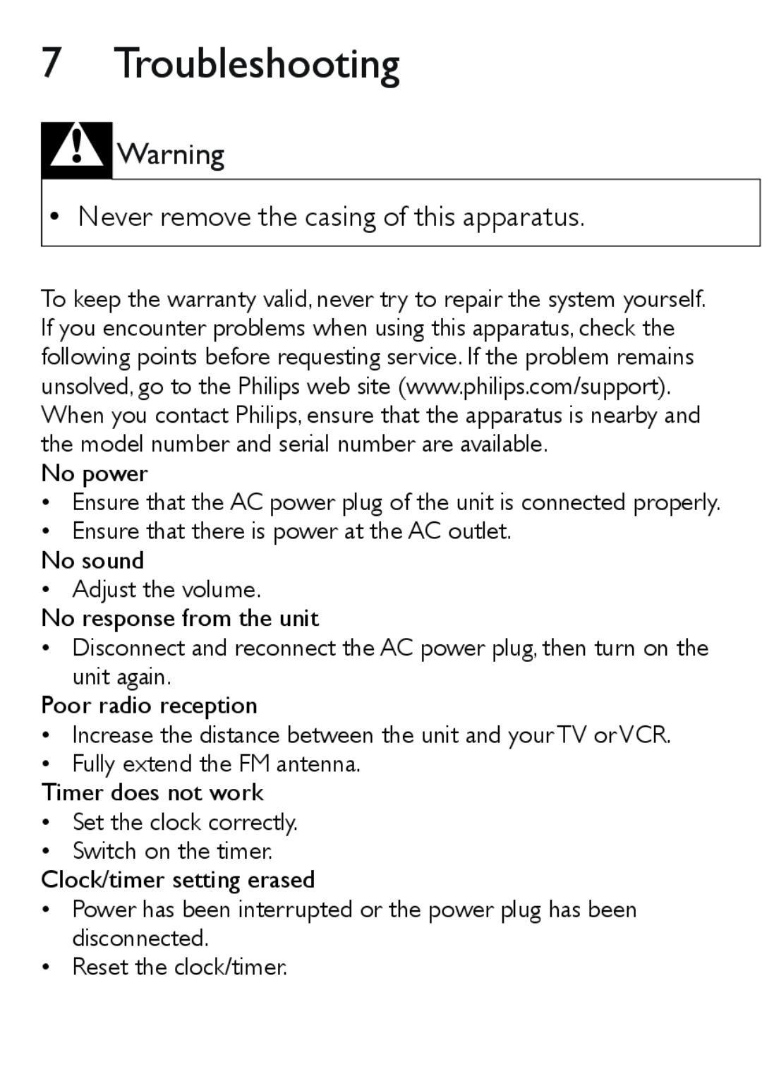 Philips AJ3551 user manual Troubleshooting, Never remove the casing of this apparatus 
