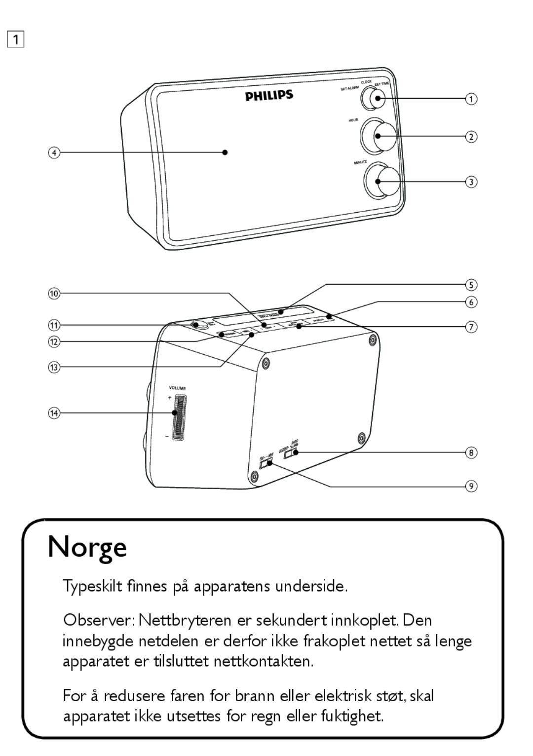 Philips AJ3551 user manual Norge, Typeskilt ﬁnnes på apparatens underside 