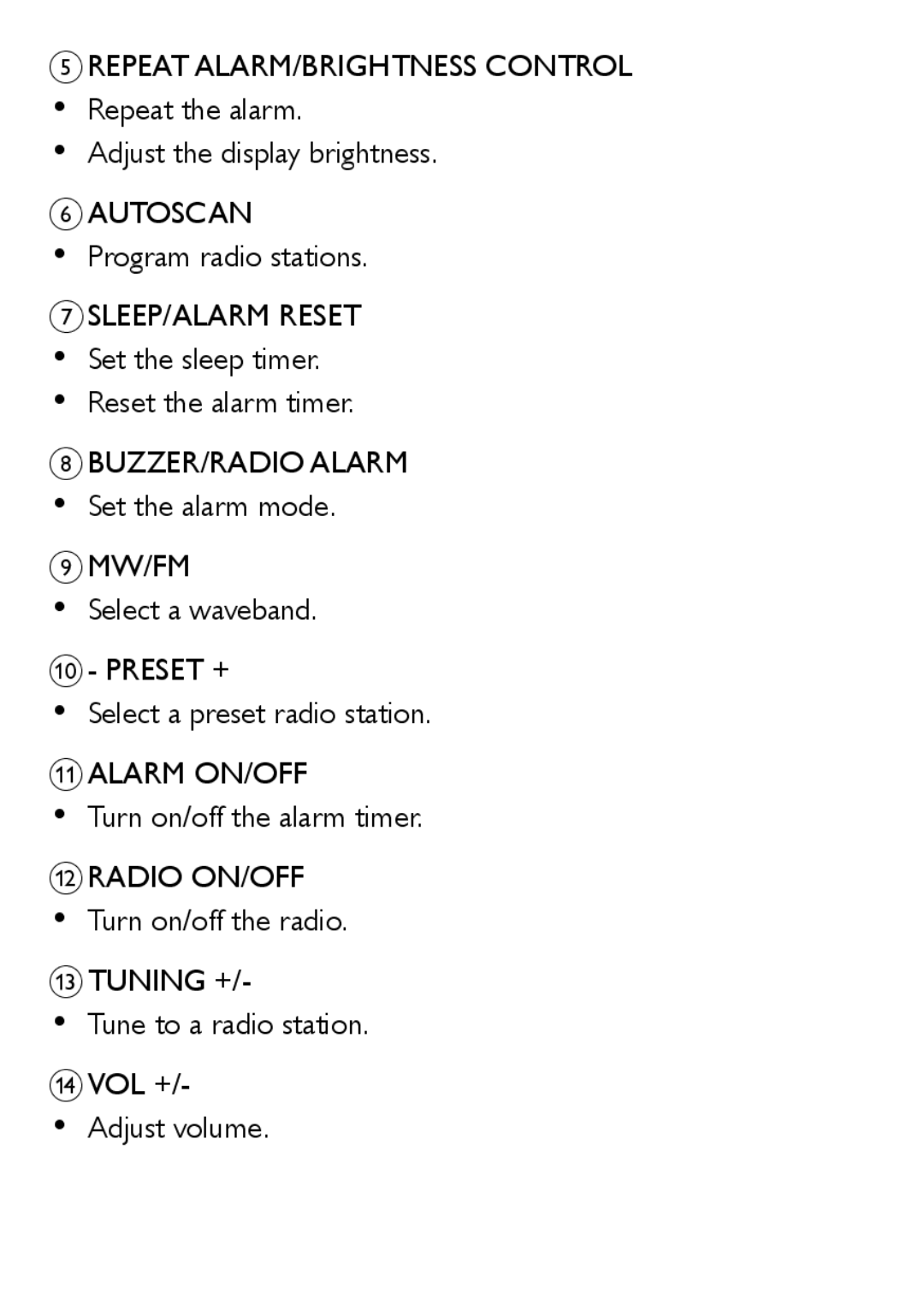 Philips AJ3551 eREPEAT ALARM/BRIGHTNESS CONTROL Repeat the alarm, j- PRESET + Select a preset radio station kALARM ON/OFF 