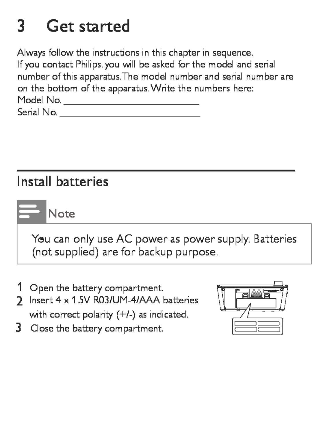 Philips AJ3551 user manual Get started, Install batteries 