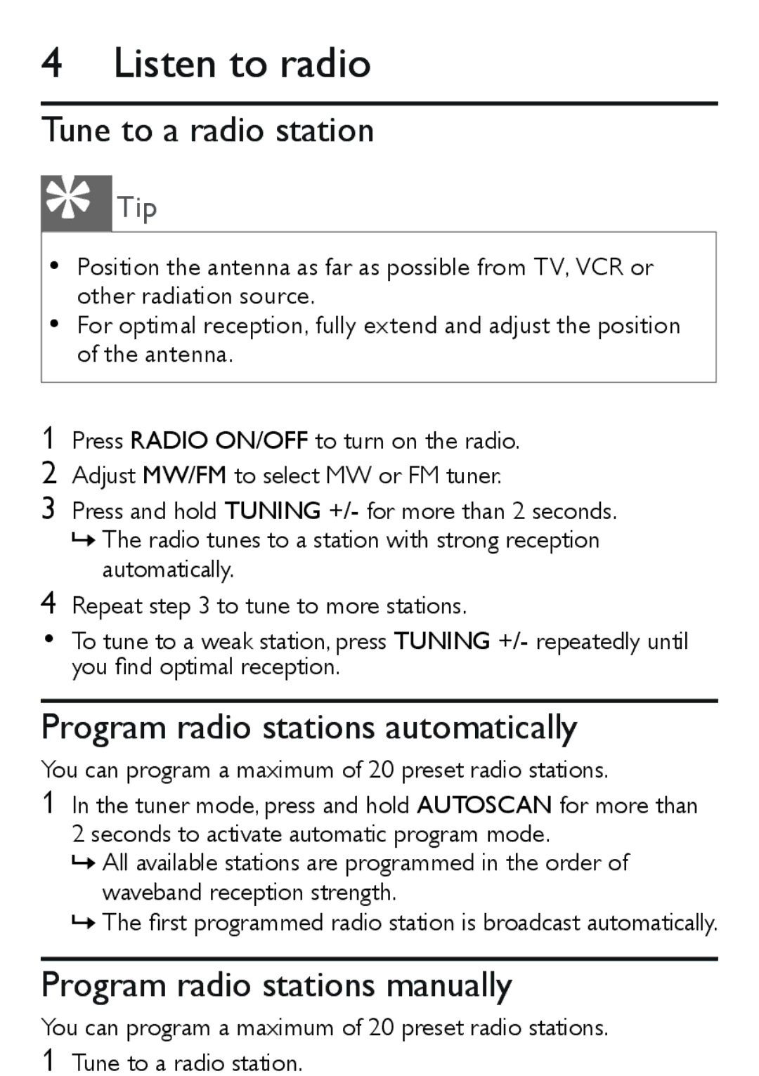 Philips AJ3551/12 user manual Listen to radio, Tune to a radio station, Program radio stations automatically 