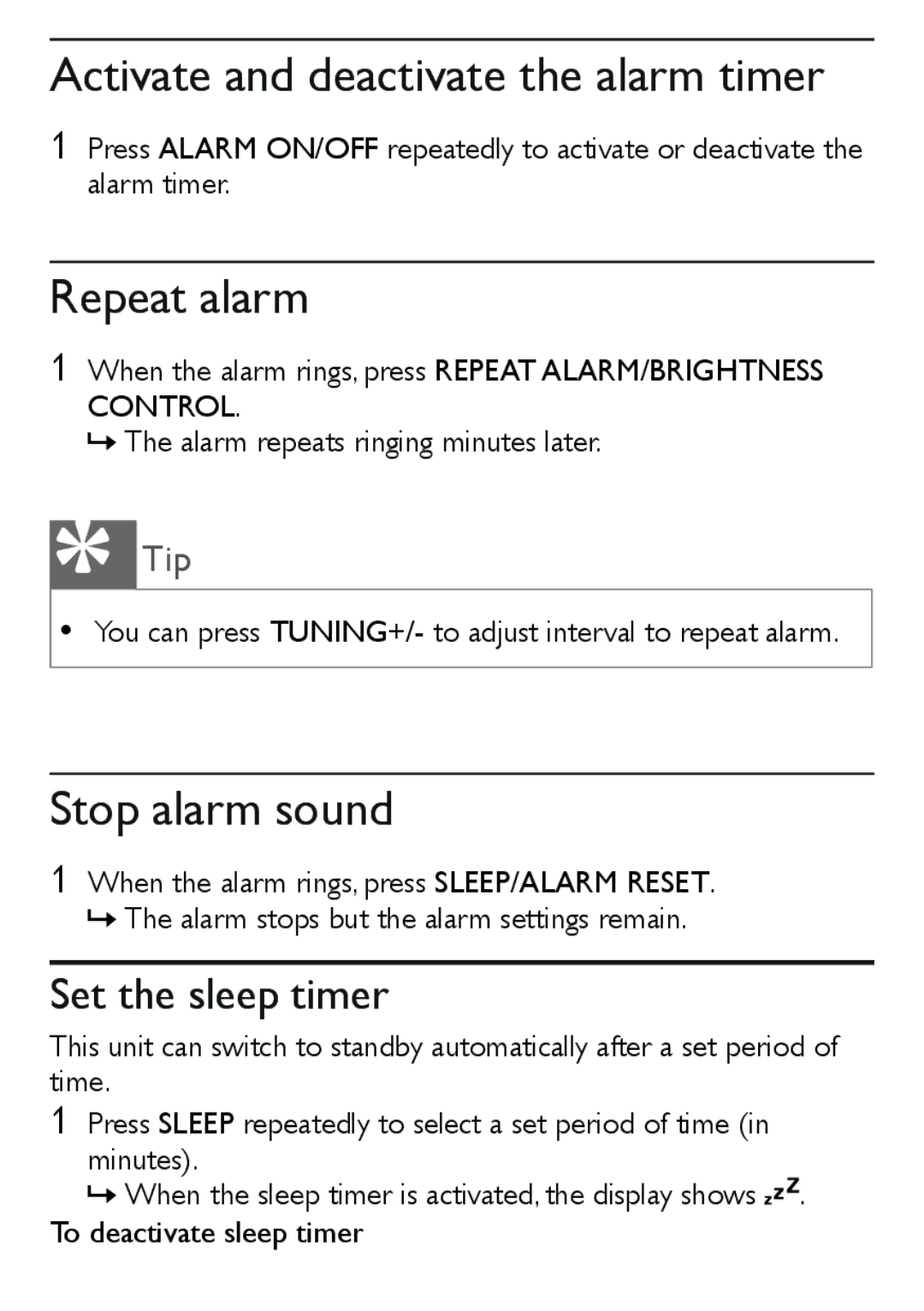 Philips AJ3551/12 user manual Activate and deactivate the alarm timer, Repeat alarm, Stop alarm sound, Set the sleep timer 